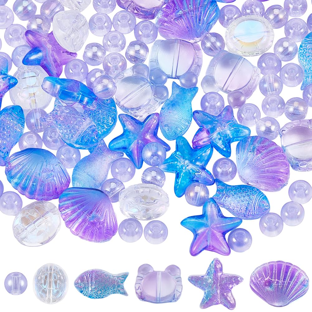 SUNNYCLUE 1 Box 210Pcs Ocean Glass Beads Electroplate Glass Fish Bead Blue Purple Gradient Hawaii Summer Sea Shell Conch Seashells Starfish Crab Spacers for Jewellery Making DIY Crafts Earrings Adults — image 1