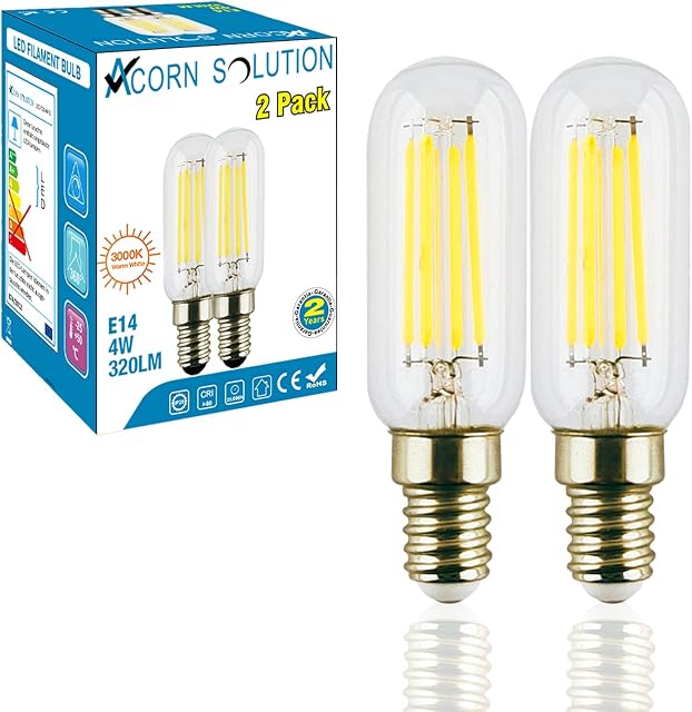 AcornSolution 4W LED Cooker Hood Light Bulb SES Warm White 3000K 40W Replacement T25 Tubular Filament Bulb E14 LED Appliance Lamp for Fridge Freezer/Microwave (2-Pack, Non-dimmable)