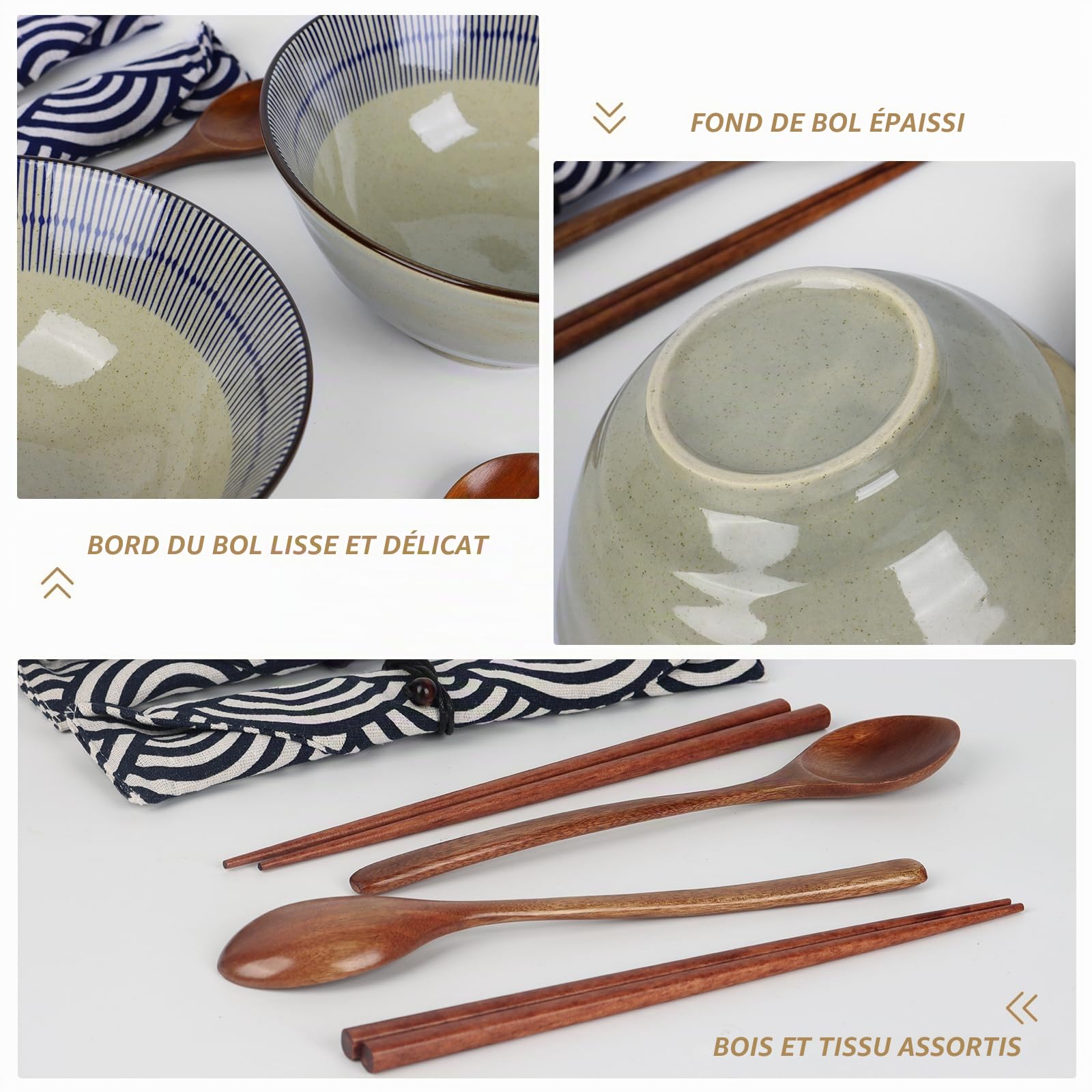 Lot de 2 bols à ramen en céramique - Bols japonais pour nouilles avec baguettes et cuillère pour soupe ramen, pâtes, salade de fruits, riz - 1100 ml, 20 cm de grand - Cadeaux d’inauguration pour la
