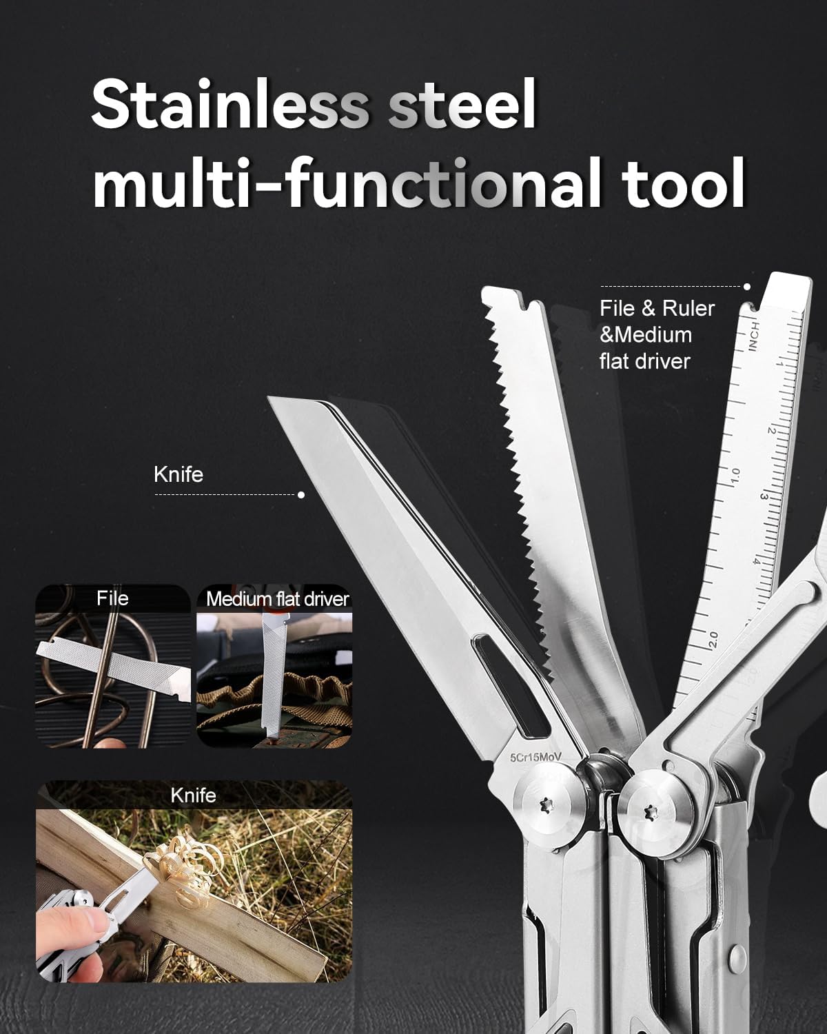 Multitool 15-in-1 Stainless Steel Multi Tool Pliers with Knife, Spring-Action Pliers and Scissors, Multitool for Survival, Camping, Hiking, Gifts for Men (Grey)