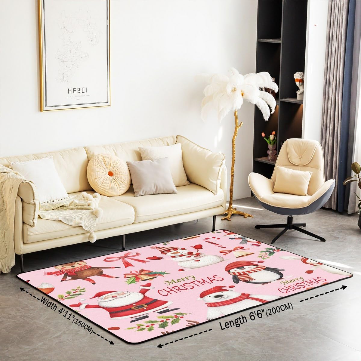 Erosebridal Pink Xmas Decor Rug, Merry Christmas Area Rug 5x7 for Kids Boys Girls Women, Kawaii Santa Claus Non Slip Washable Carpet for Living Room Snowman Penguin Bear Deer Living Room Rugs