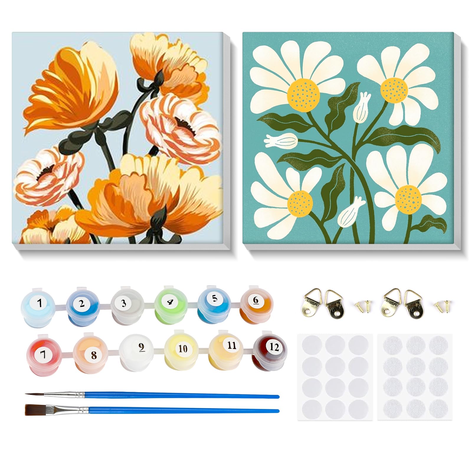 MOGTAA 2 Pack Flores Pintar con Numeros con Marco, Kit Pintar por Numeros para Adultos Niños, Equipo De Bricolaje Acrílica Al Óleo Pintura para decoración del hogar 20x20cm