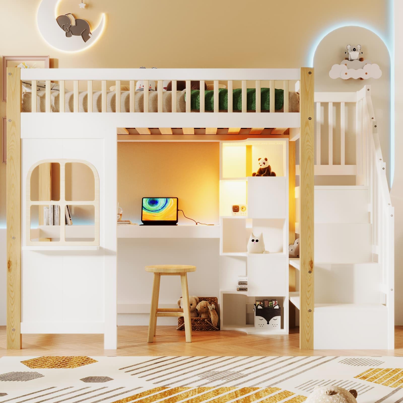 KOMHTOM Lit Mezzanine Multifonctionnel, Cadre de lit en Bois avec éclairage LED, Ports de Charge, Bureau, étagère à Plusieurs Niveaux et Escalier de Rangement(sans Matelas) (90 x 200cm)