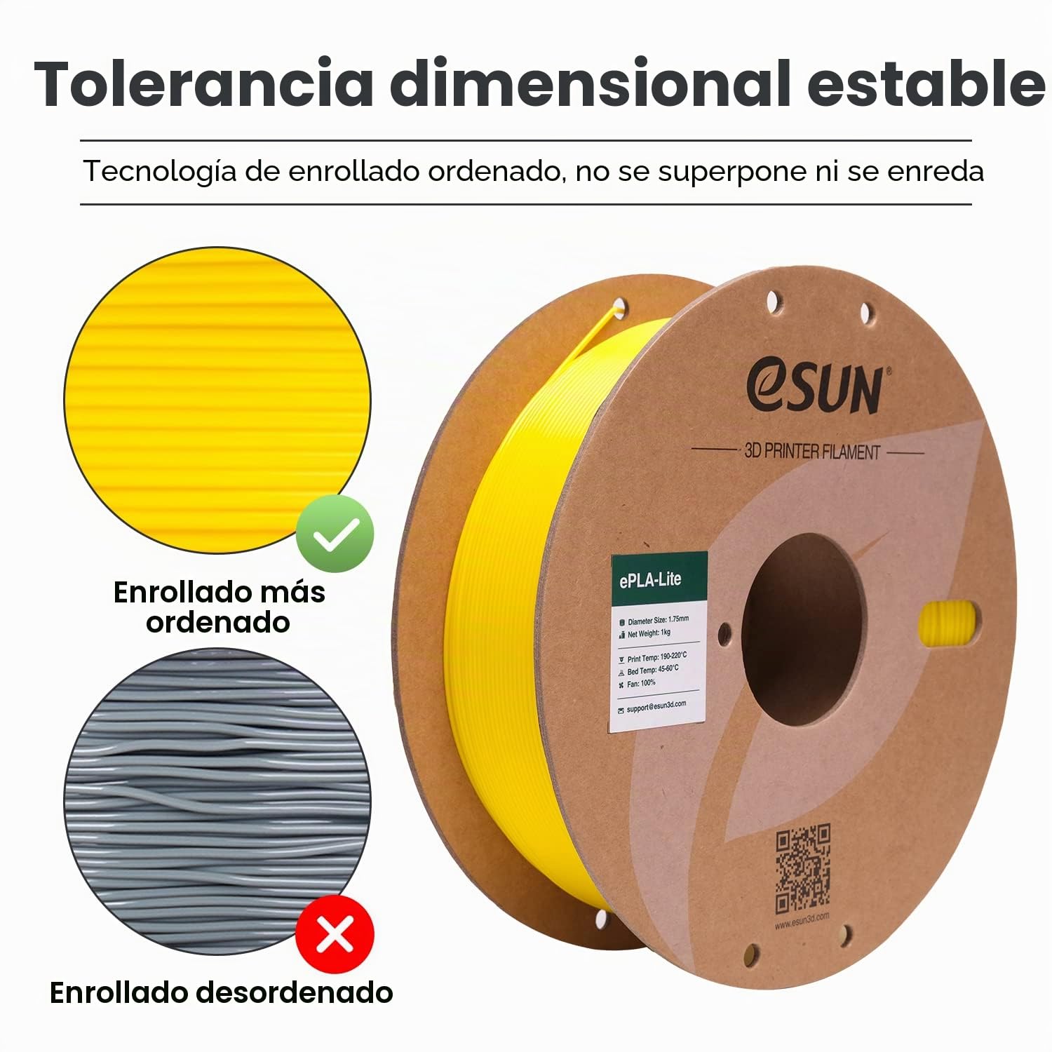 eSUN Filamento PLA 1.75mm 1KG Carrete Precisión Dimensional +/- 0.03mm Amarillo