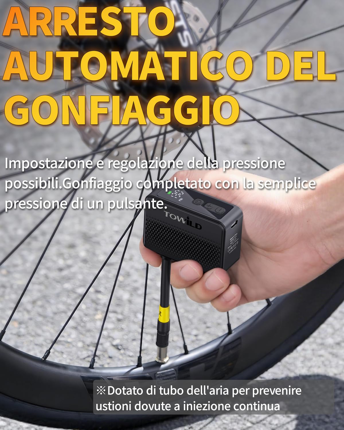 TOWILD A13 Pompa Elettrica per Bici, Max 130 PSI Mini Compressore d'aria elettrico, Funzione di Arresto Automatico Ricaricabile Type-C, Valvole Presta e Schrader per Biciclette da Strada, MTB, E-bike