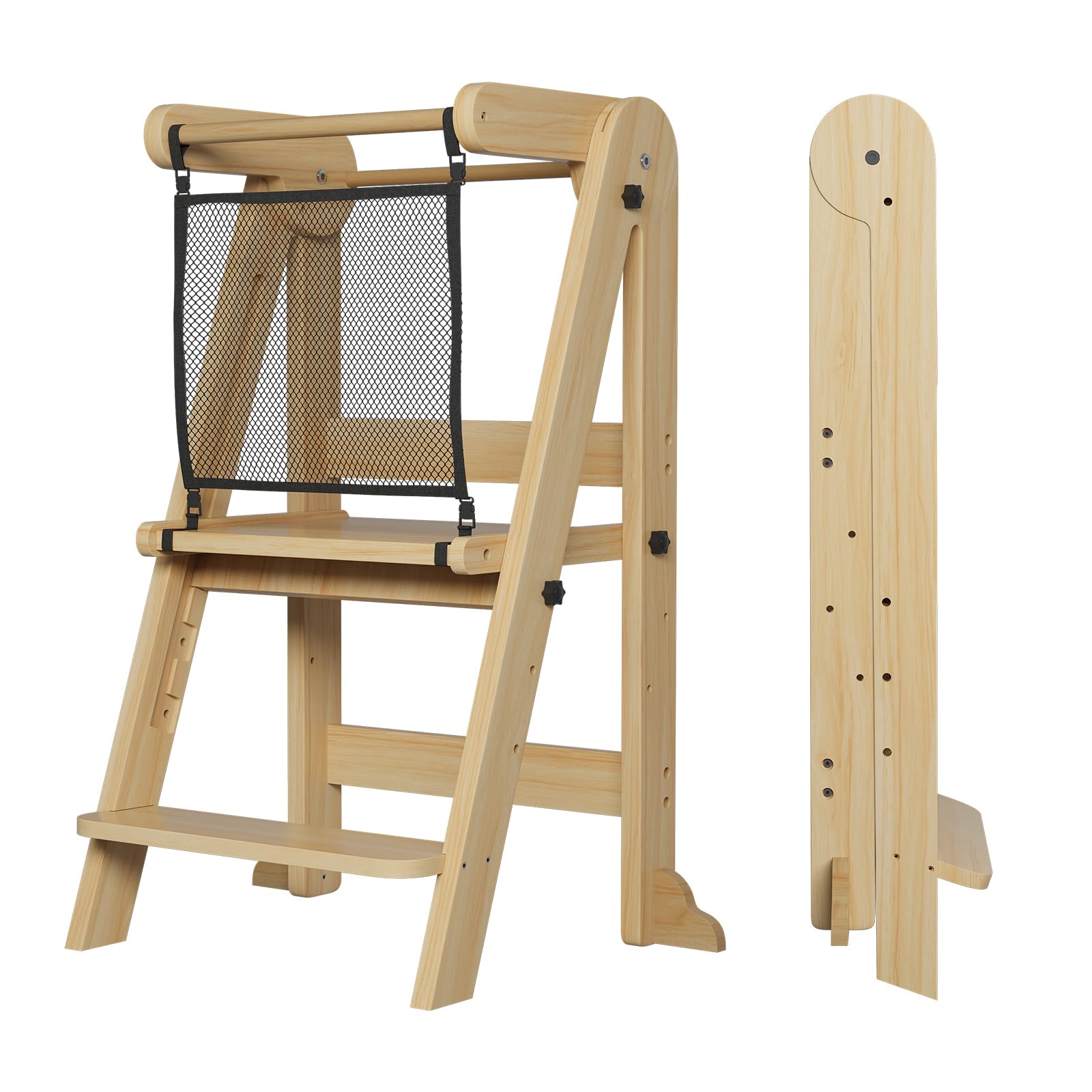 ROOMTEC Foldable Toddler Kitchen Tower, 3 Adjustable Height Wooden Step Stool, Toddler Standing Tower with Safety Net (Natural Wood)