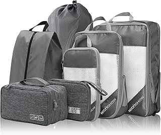 NICOSHOW Compression Packing Cubes Travel Organizer, 7 Set Packing Cubes for Carry-on Luggage with 3 Compressible Luggage Cubes, Shoe Bag, Underwear Cube, Cable Organizer & Laundry Bag