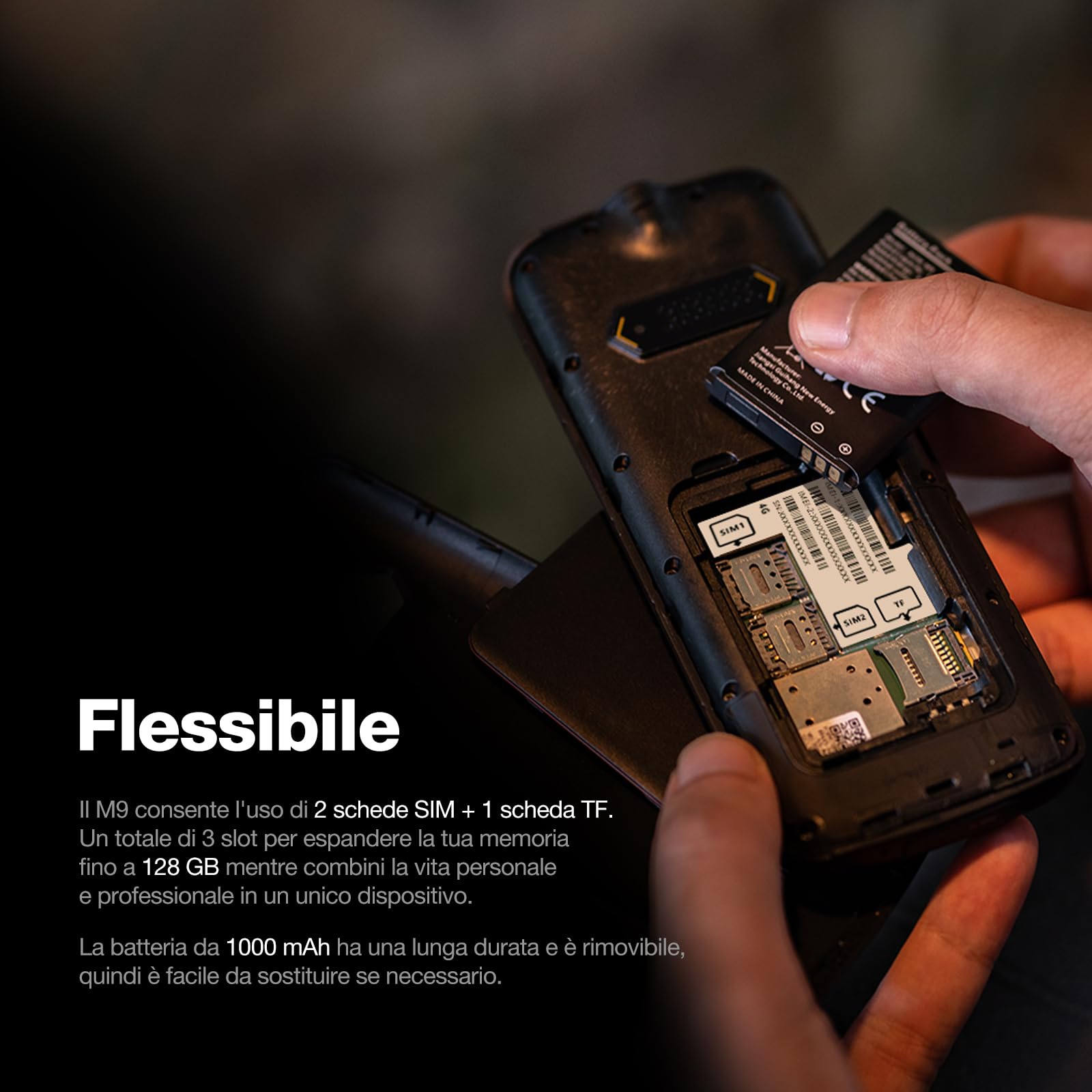 AGM M9 Telefono cellulare,4G LTE compatibile T-Mobile,3 slot schede,IP68 & IP69K impermeabile，espandibile 128GB,tasti grandi,composizione rapida,1000mAh,radio FM, torcia.