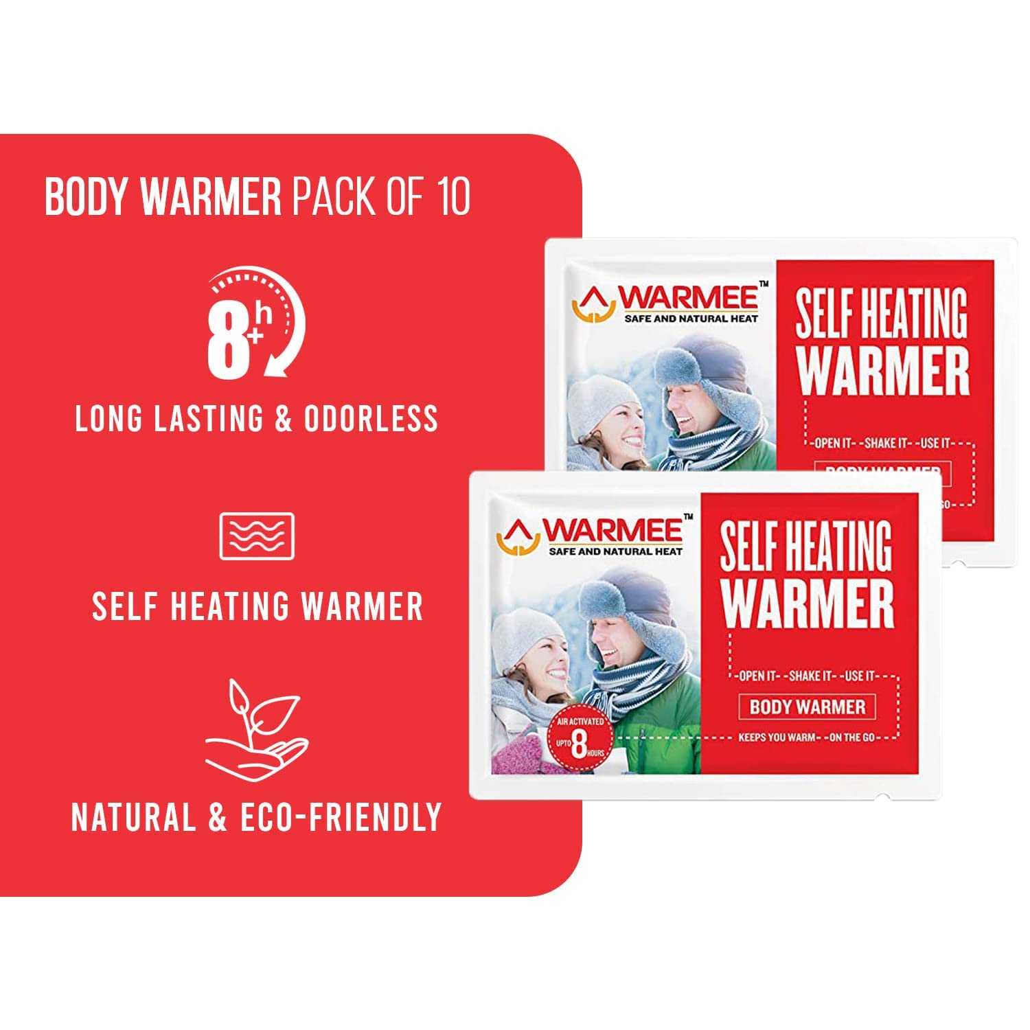 Warmee Body Warmer Combo Pack - 8+ Hours Self-Heating, Air-Activated Heat Pouch (2 Packs, 10 Pairs) - Long Lasting, Safe, Natural, Odorless Warmers for Outdoor Activities, Winter Travel, and More