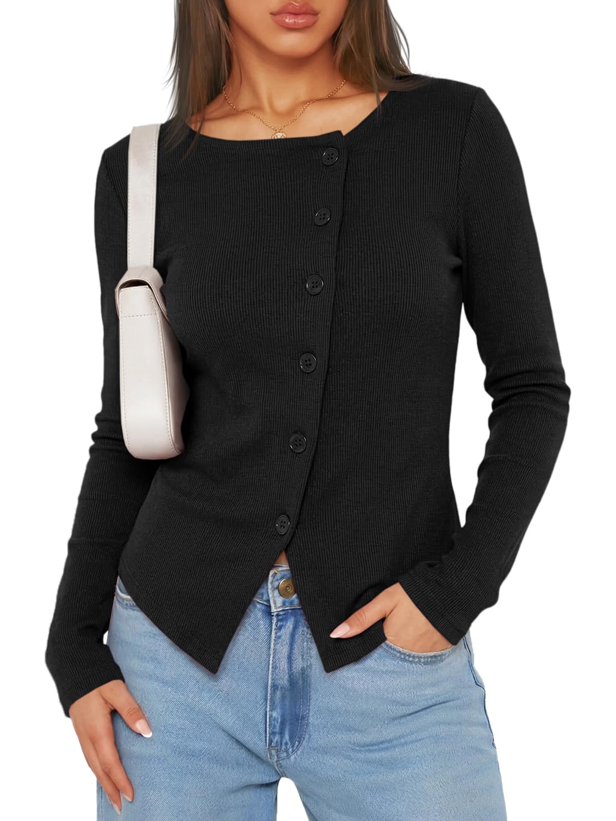 Womens Long Sleeve Asymmetrical Tops Button Down Ribbed Fitted Cropped Shirts Trendy Fall Blouses-image-44