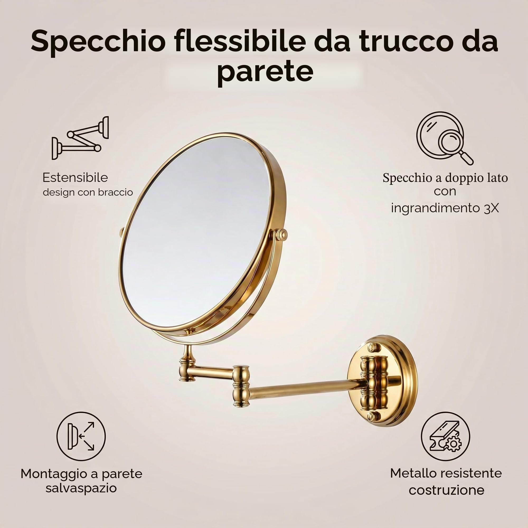 7Trees Specchio da Parete Pieghevole per Bagno da 20,3 cm Retro con Montatura Telescopica a Ribalta per Trucco (Oro)