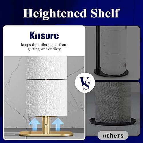 Miniatura 29 de Kitsure Soporte de papel higiénico de pie – Soporte de papel higiénico de metal inoxidable para 4 rollos con base antideslizante y estante para Negro