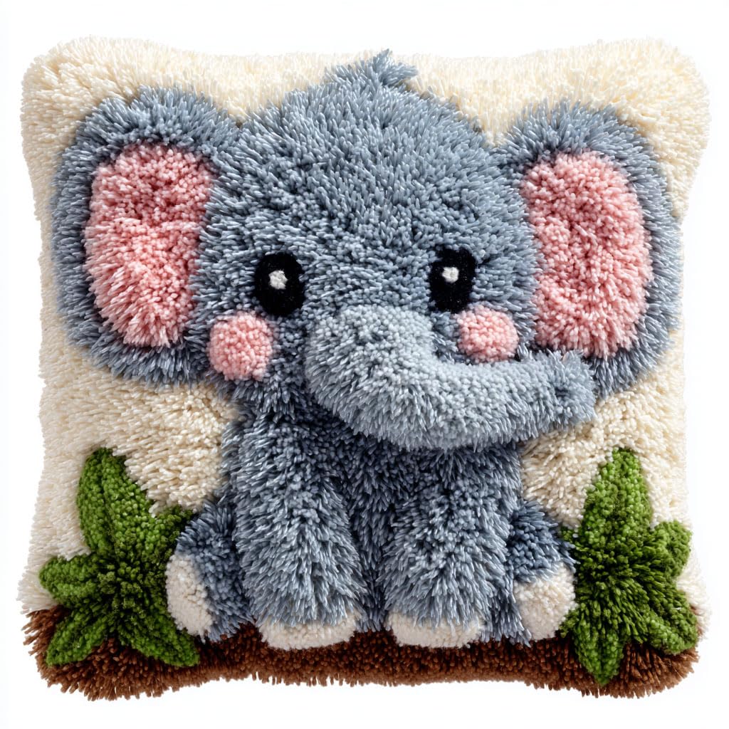 Henypt Latch Hook Kits-A Latch Hook Kits Pillowcase Animals Elephant Pillow Cover Pre-Printed Patterns Pillowcase Needlework Crochet Yarns Latch Hooking Cushion 17X17inch