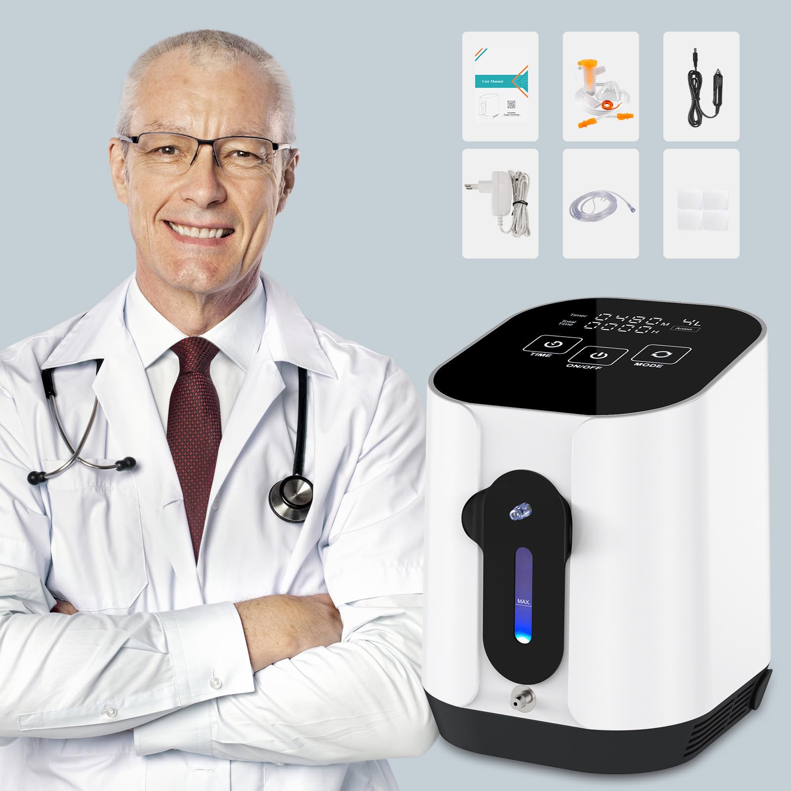 Creliver Przenośny koncentrator tlenu, 1-4 l/min, 90% wysokie stężenie, przenośne urządzenie do tlenu, 24-godzinny cykl pracy, koncentrator tlenu dla zwierząt domowych