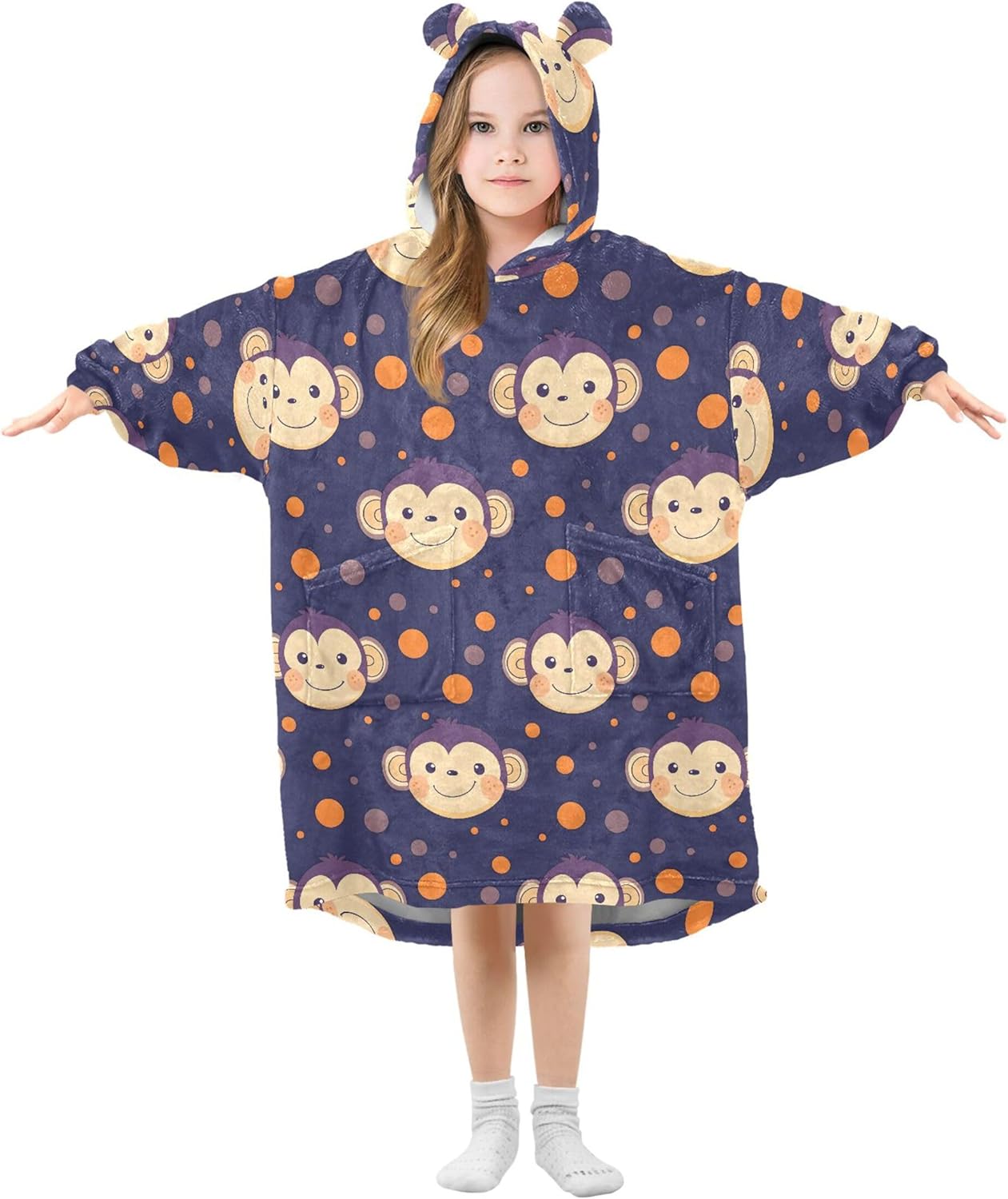 Monkey Cute Animal Kids Wearable Blanket Hoodie with Pocket and Sleeves for Toddlers, Cute Hoodies Girls Boys B0403592
