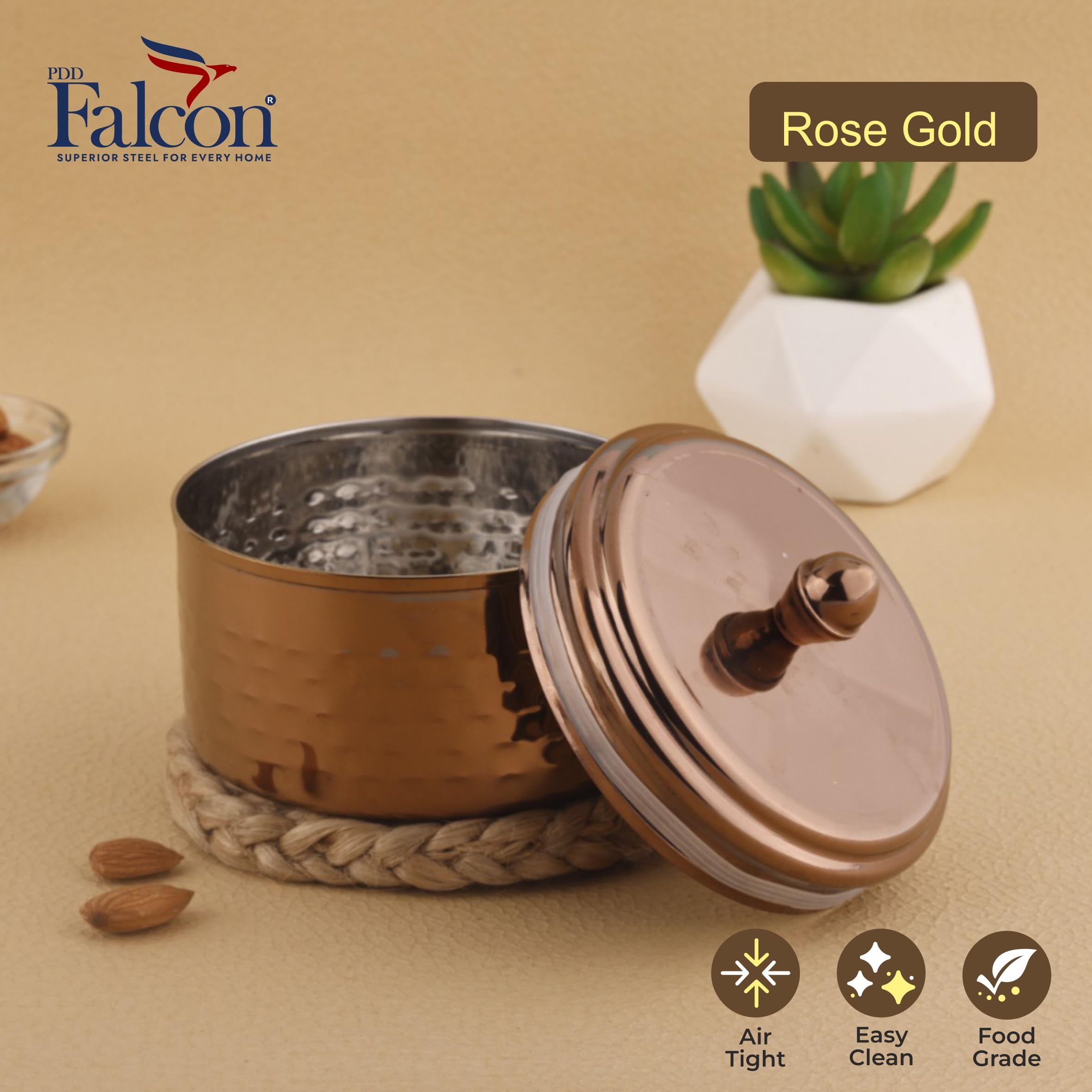 PDDFALCON Stainless Steel Uphaar Hammered Container – BIS Certified, Jindal Seal, Made in India | Premium Finish Airtight Gift Box - Rose Gold (350ml) 1