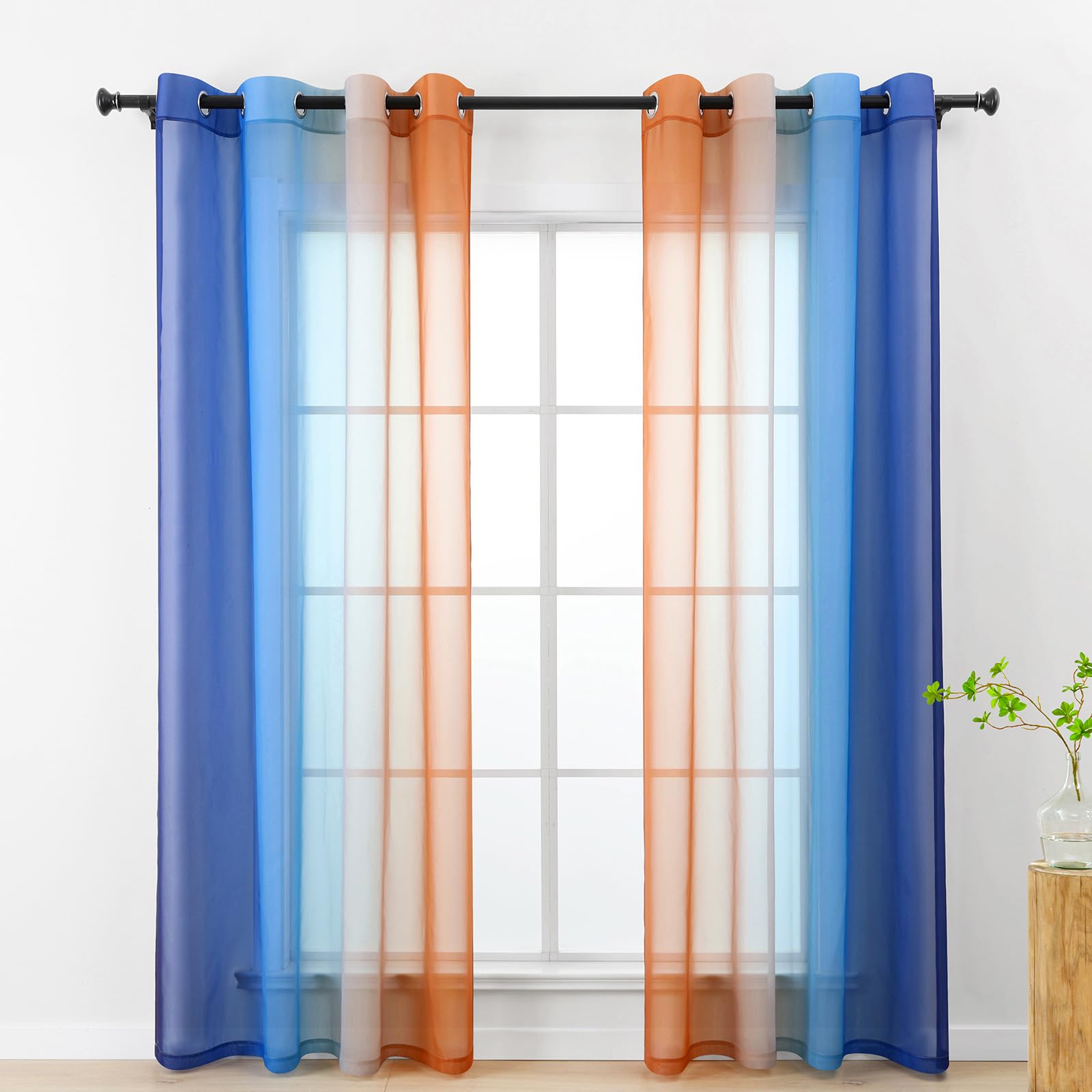 L.Z.E Gardinen Vorhänge Dunkelblau Rostbraun, Vorhang Gardine mit Farbverlauf für Wohnzimmer Schlafzimmer Fenster, Transparent Durchsichtig mit Ösen, 2er Set Voile 140 x 145 cm Kurz (LZE2220E-NO145)