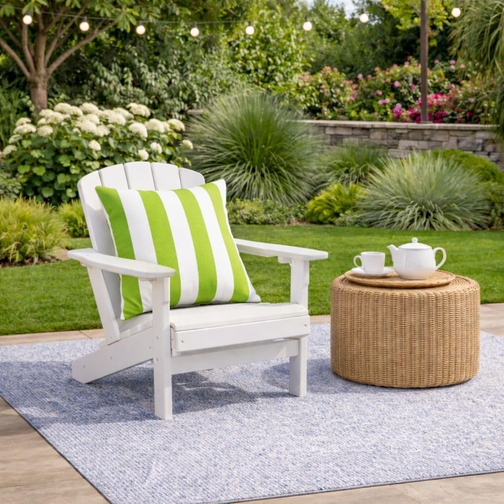 Outdoor Throw Pillows 18x18 Set of 2, Waterproof Patio Cushions with Covers, Decorative Square Pillows for Garden Furniture, Porch, Poolside, Deck Chair - Green White Striped