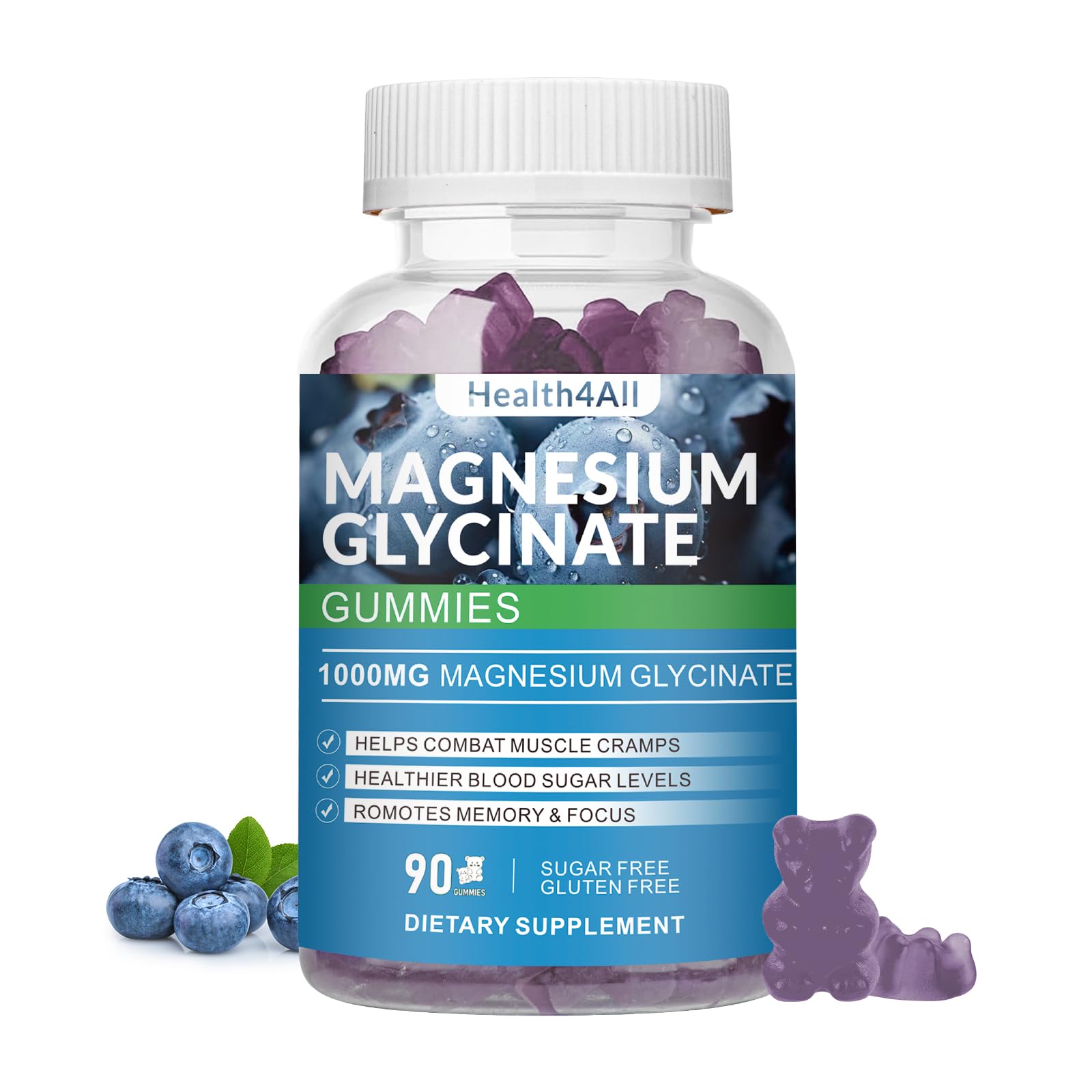 Magnesium Glycinate Gummies 1000mg, High Absorption Sugar Free Magnesium Potassium Supplement for Relaxation, Stress Relief, and Sleep Support for Adults & Kids (Blueberry) Blueberry 90 Count (Pack of 1)