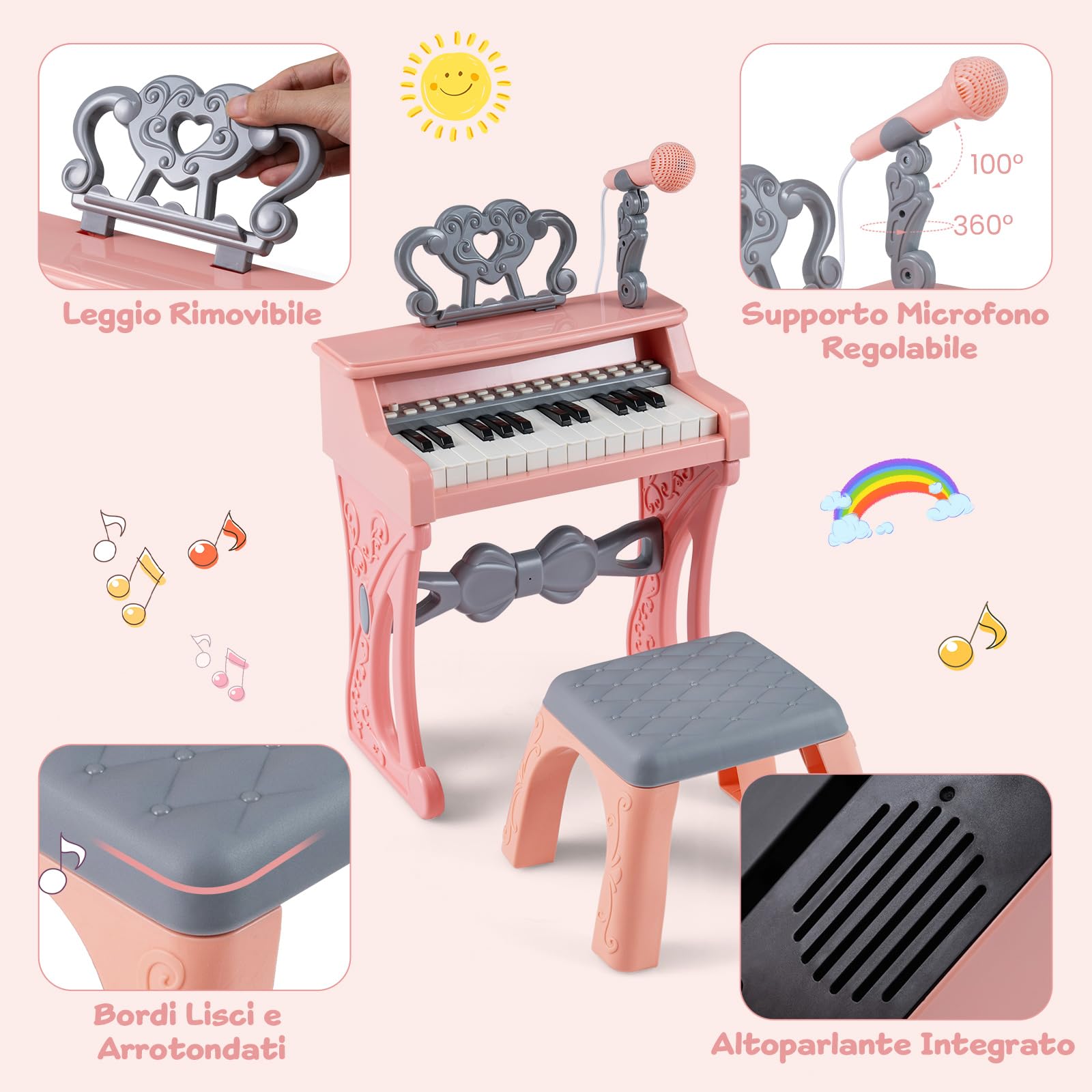 COSTWAY Set Tastiera Pianoforte per Bambini, Pianoforte Elettrico con 25 Tasti con Sgabello, Leggio e Microfono, Giocattolo Strumento Musicale per Bambini 3+ Anni