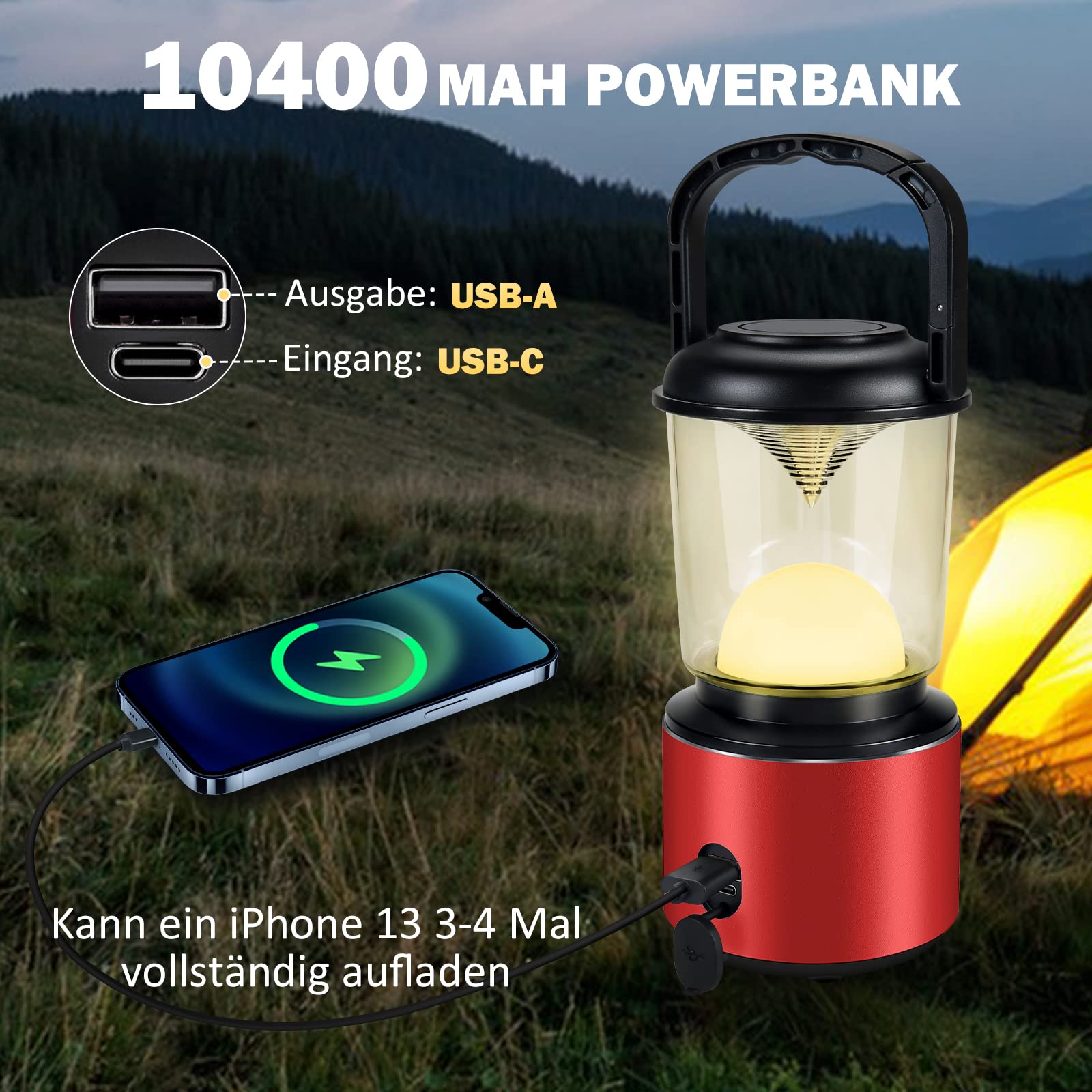 Yonktoo Oświetlenie kempingowe, 10400 mAh, latarnia kempingowa, USB-C z ekranem LED, lampa kempingowa działa 350 godzin, 5 trybów świecenia, wodoodporne światła namiotowe do wędkowania, wędrówek