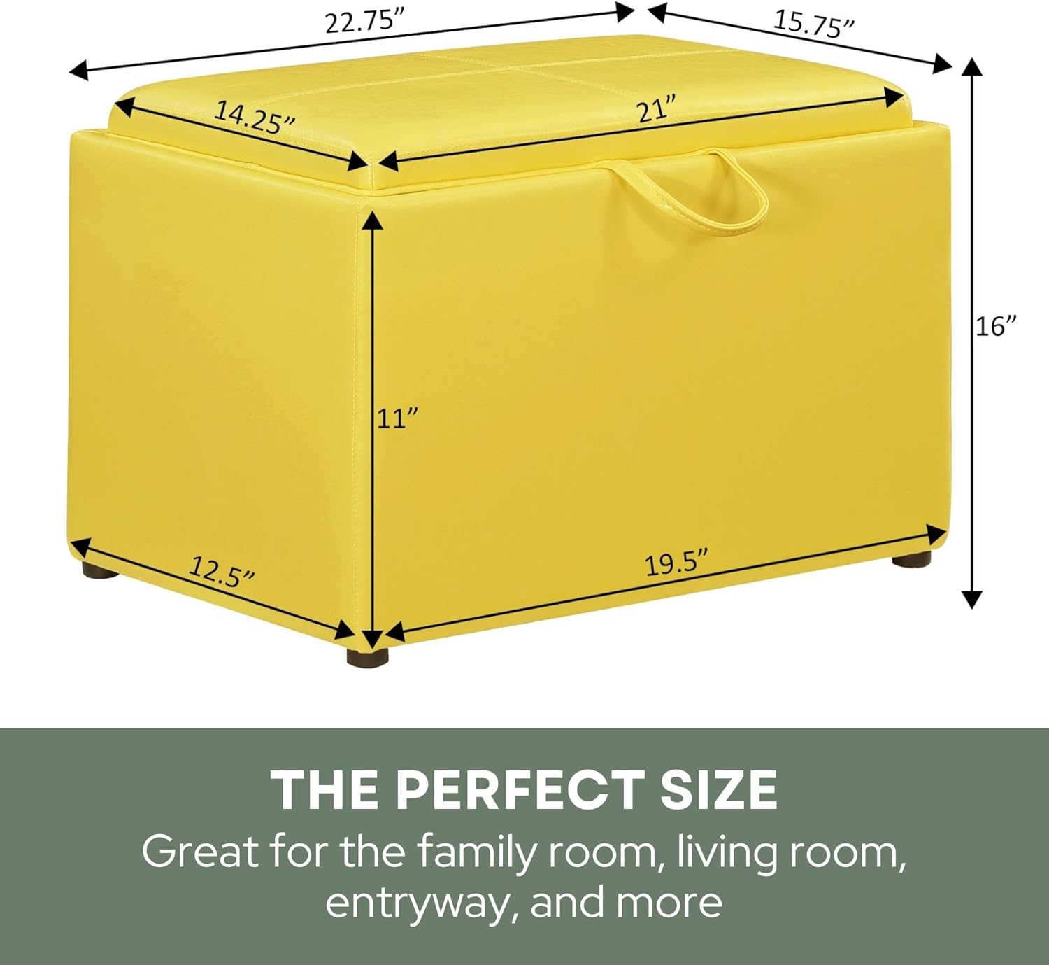 Modern Yellow Faux Leather Accent Storage Ottoman with Reversible Tray