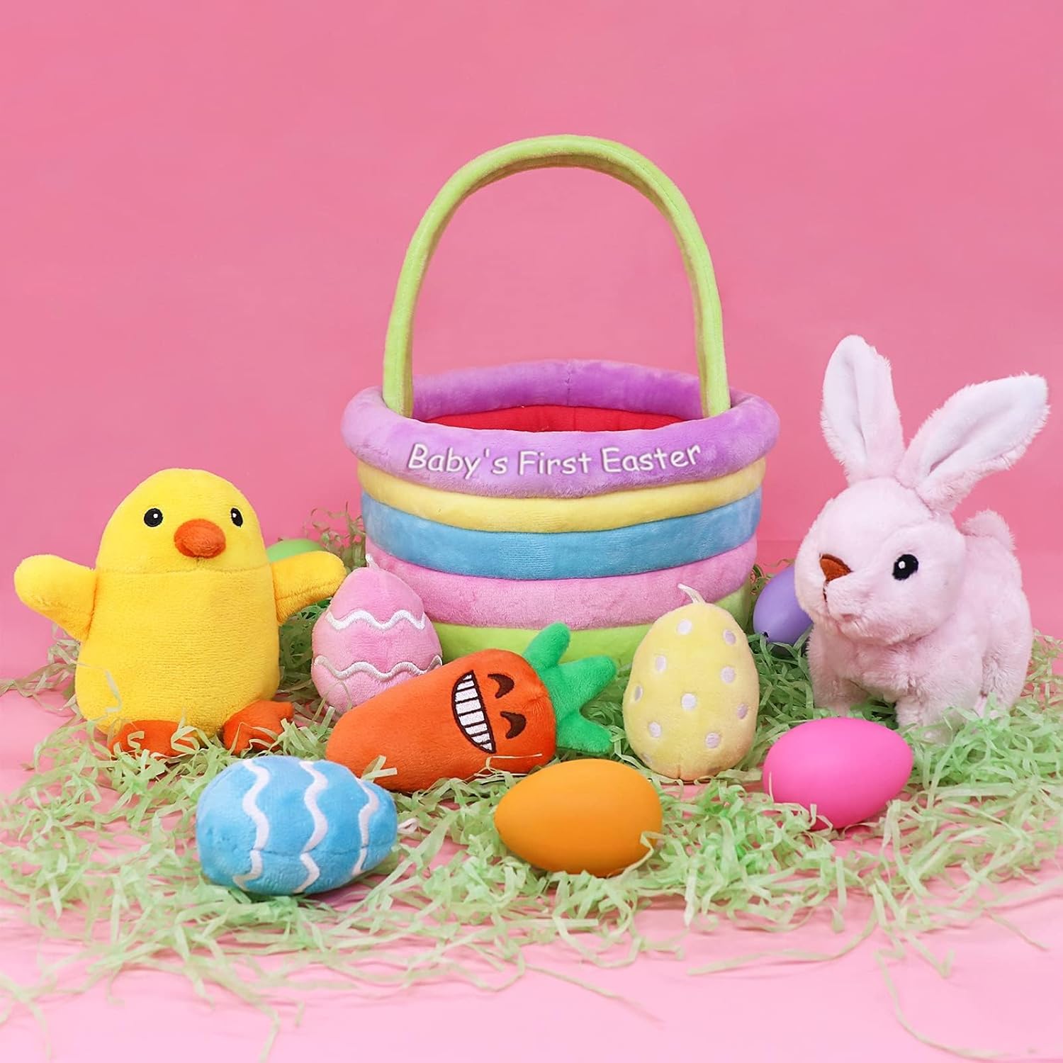 Baby's First Personalized Easter Basket Stuffers Playset, 7ct Stuffed Plush Bunny Chick Carrot Egg for Babies Girls Boys Kids Infant Toddler, Easter Party Gifts, Easter Decorations Party Supplies