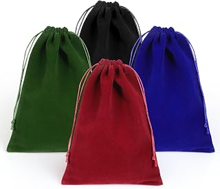 Qulkws 4-Pack Velvet Drawstring Jewelry Bags 5.7x7.8" - Soft Gift Pouches in Red, Green, Blue, Black for Crystals & Accessories