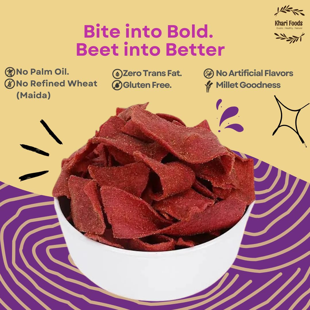 Khari Foods Beetroot Crispies, Peri Peri Flavoured Chips, No Palm Oil, No Maida, Millet Goodness, Fibre Rich, Zero Cholestrol, Gluten Free Vegan, Healthy Snacks (50g x 4 Combo) - Image 3 thumbnail