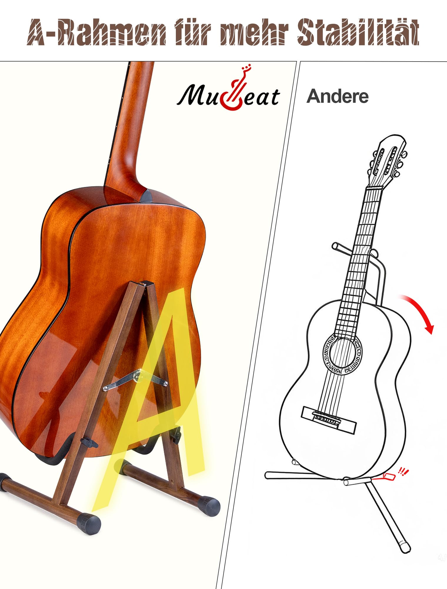 Gitarrenständer, A-Rahmen, Akustikgitarrenständer, Boden, Instrumentenständer Halter mit gepolstertem Schaumstoff für Elektro, Bass, Banjo, Mandoline, tragbarer Holzständer für Zuhause und