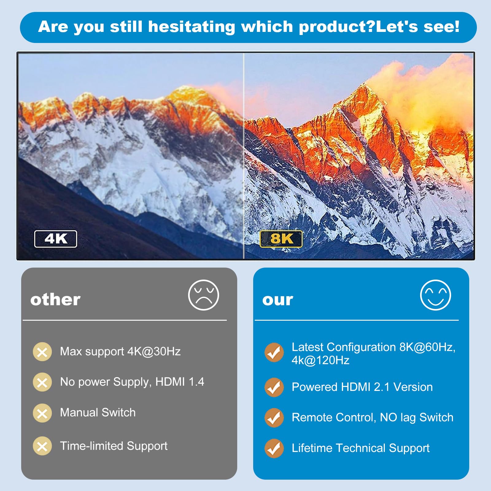 HDMI-Umschalter, 8K/60 Hz, 4K/120 Hz HDMI-Splitter, 3-in-1-Ausgang, HDMI-Umschalter, Unterstützt HDCP 2.3, LPCM7.1, DTS-HD, Dolby-True HD, DTS-X, Dolby Atoms