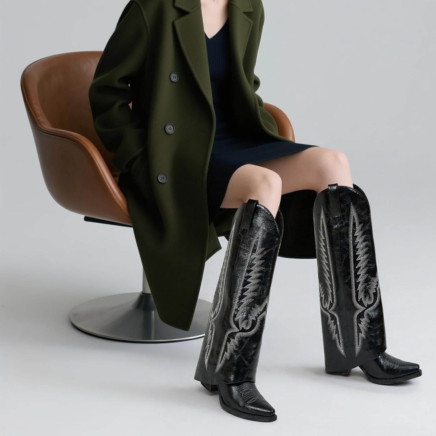 Fold Over Boots for Women Pointy Pull-on Wedge Heel Knee Shark Boot With Side Zipper Padlock Design