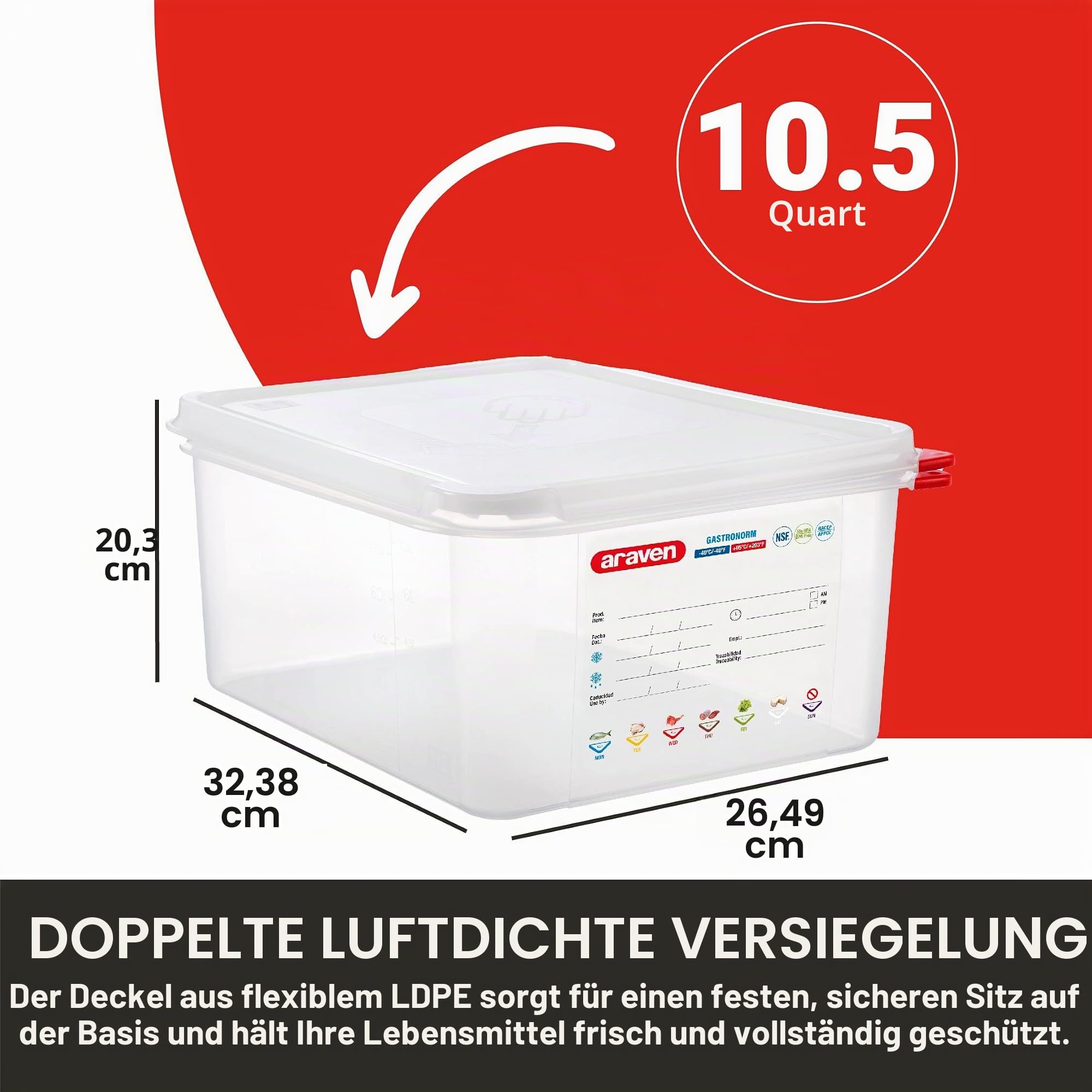 Araven 962.322 PP Lebensmittelbehälter, GN1/2, Durchsichtig, 150mm Höhe, 325mm Breite, 265mm Länge, 10L Kapazität