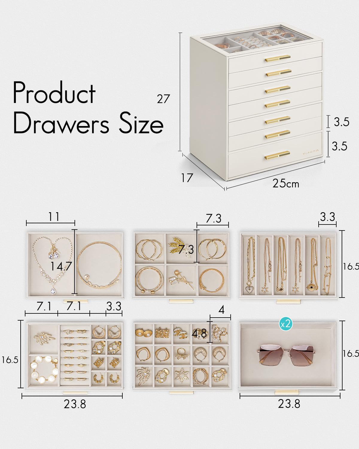 VLANDO Boîte à bijoux à 7 niveaux, boîte à bijoux, rangement de bijoux, organiseur de bijoux avec couvercle en verre, pour colliers, boucles d'oreilles, montres, bracelets, moderne, beige