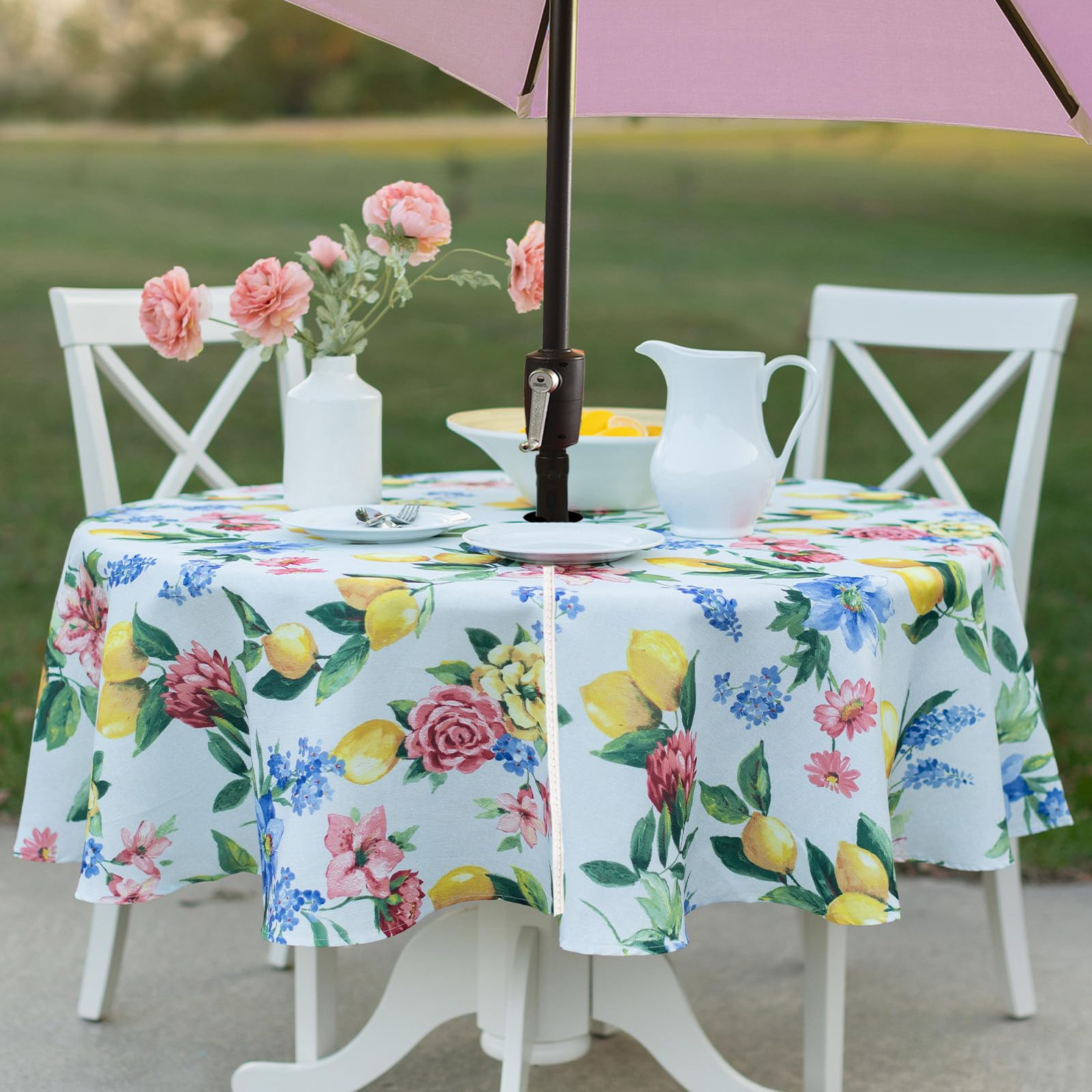Benson Mills Spillproof Spring/Summer Heavyweight Fabric Outdoor Tablecloth with Umbrella Hole, Zippered Table Cloth for Round Tables, Picnic/Patio Table (70" Round with Umbrella Hole, Lemon Bouquet)