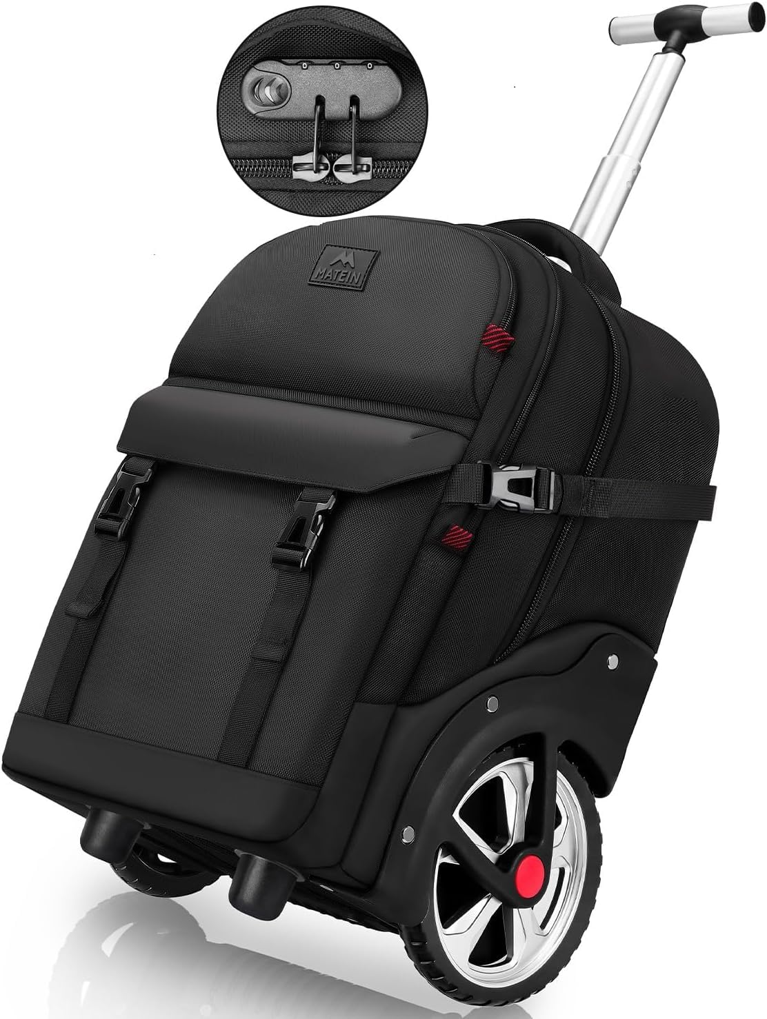 MATEIN Trolley Rucksack mit Rollen, 17,3 Zoll Trolley Rucksack mit Groß Rädern, 50L Reiserucksack mit rollen,Kombinationsschloss, Wasserdichte für Arbeit Reise, Schwarz