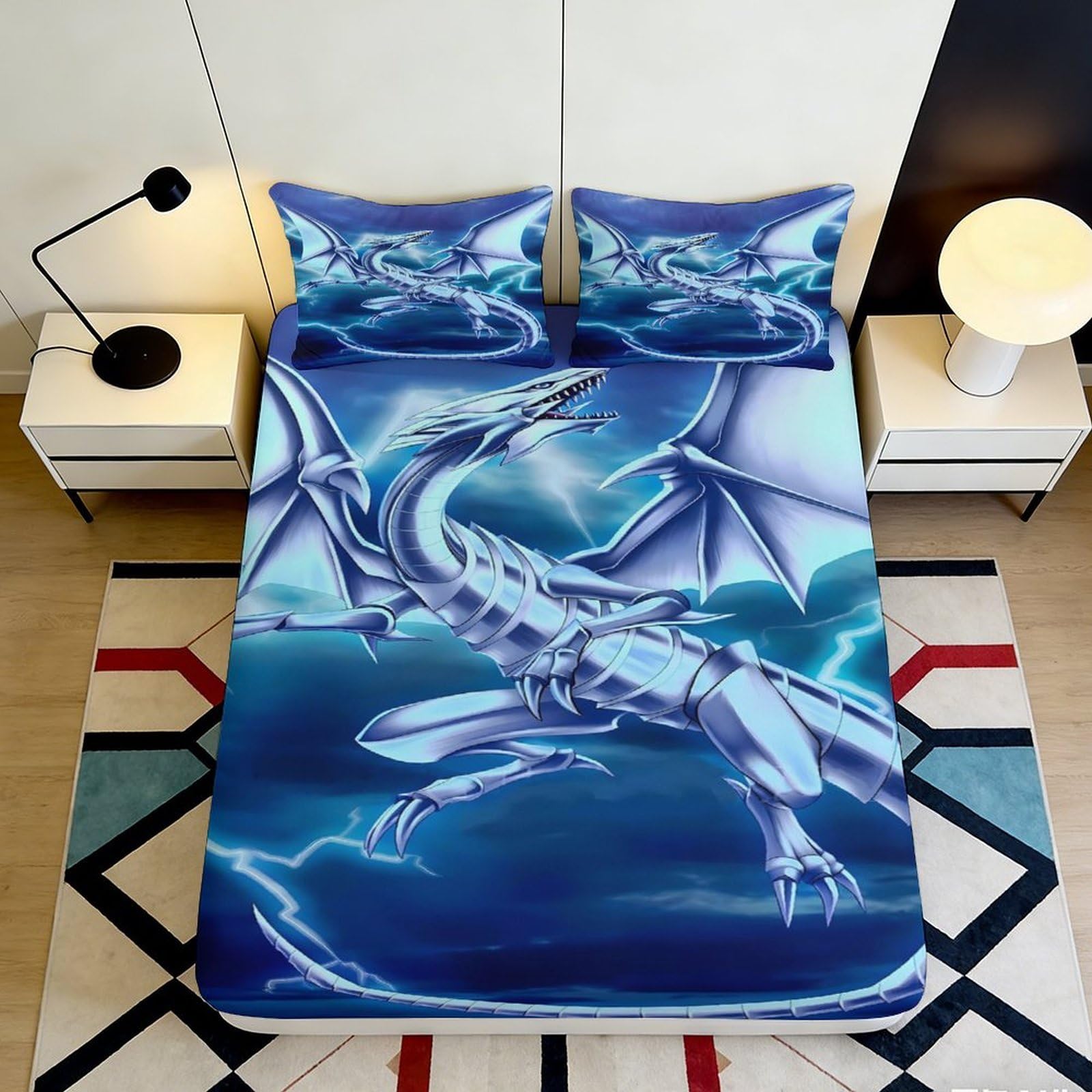 3D Printed Blue Dragon Fitted Sheet Microfiber Soft Anti-Slip Storm Fantasy Mattress Cover Bedroom Decor 90x200x25cm
