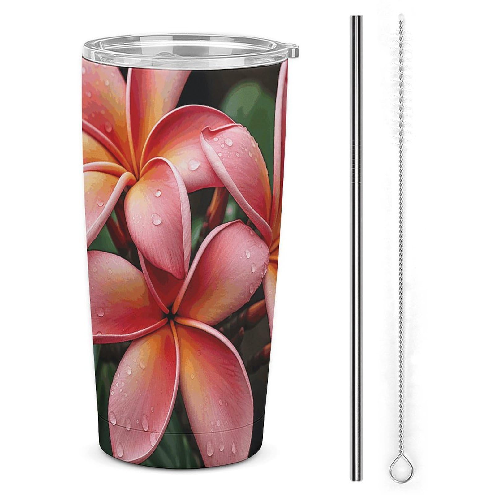 Gobelet isotherme 591ml en acier inoxydable avec paille et motif fleurs tropicales