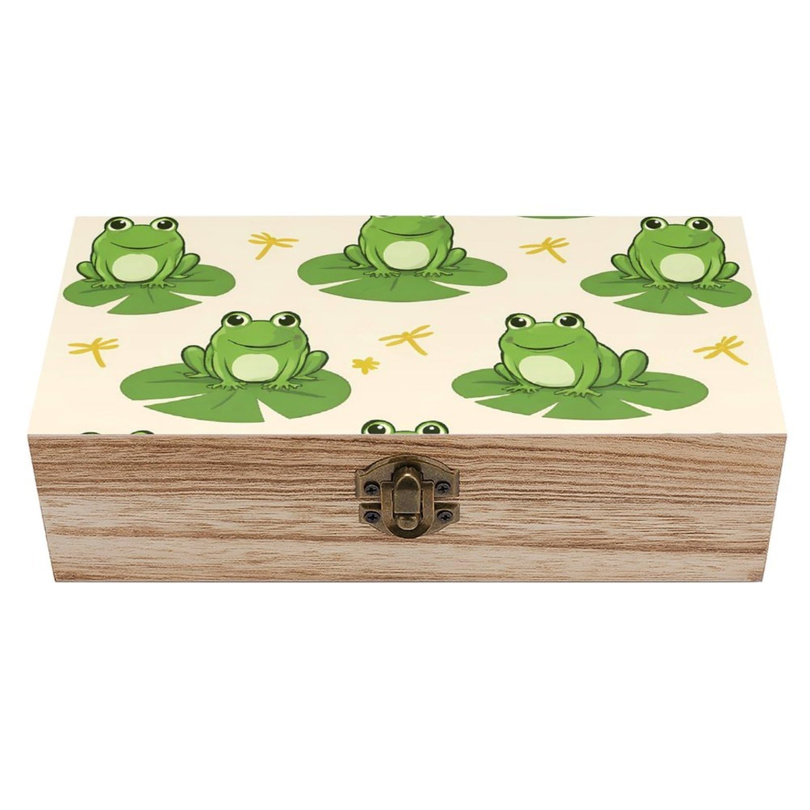 SMAZDFXX Cute Frog Animal Green Frogs Wooden Storage Box With Hinged Lid Decorative Front Clasp Keepsake Boxes