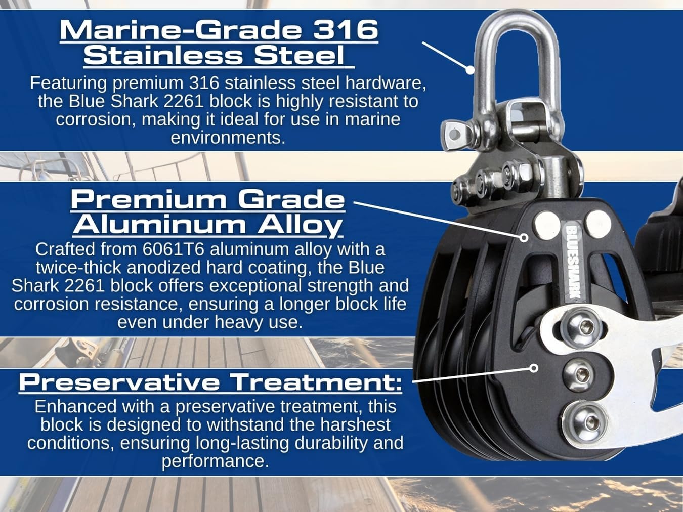 Blue Shark 2261-38 mm Fixed Triple Adjustable Cam Aluminum Sailing Block - Max Line: 1/4” (6 mm), Safe Working Load (SWL): 1700 lbs, Breaking Load: 3700 lbs