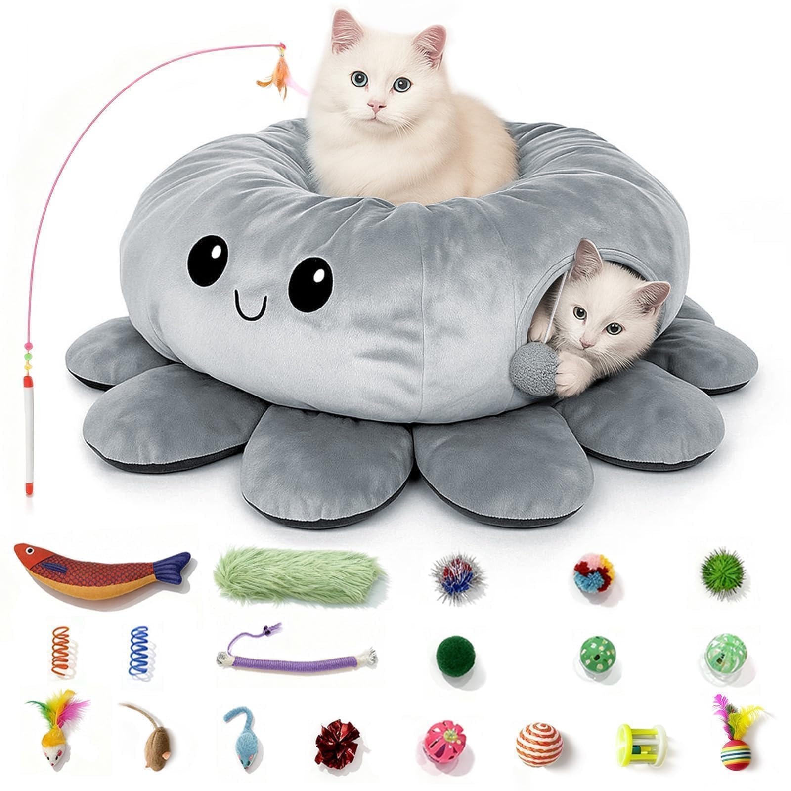Cat Tunnel Bed for Indoor Cats, Peekaboo Cat Cave Bed, Grey
