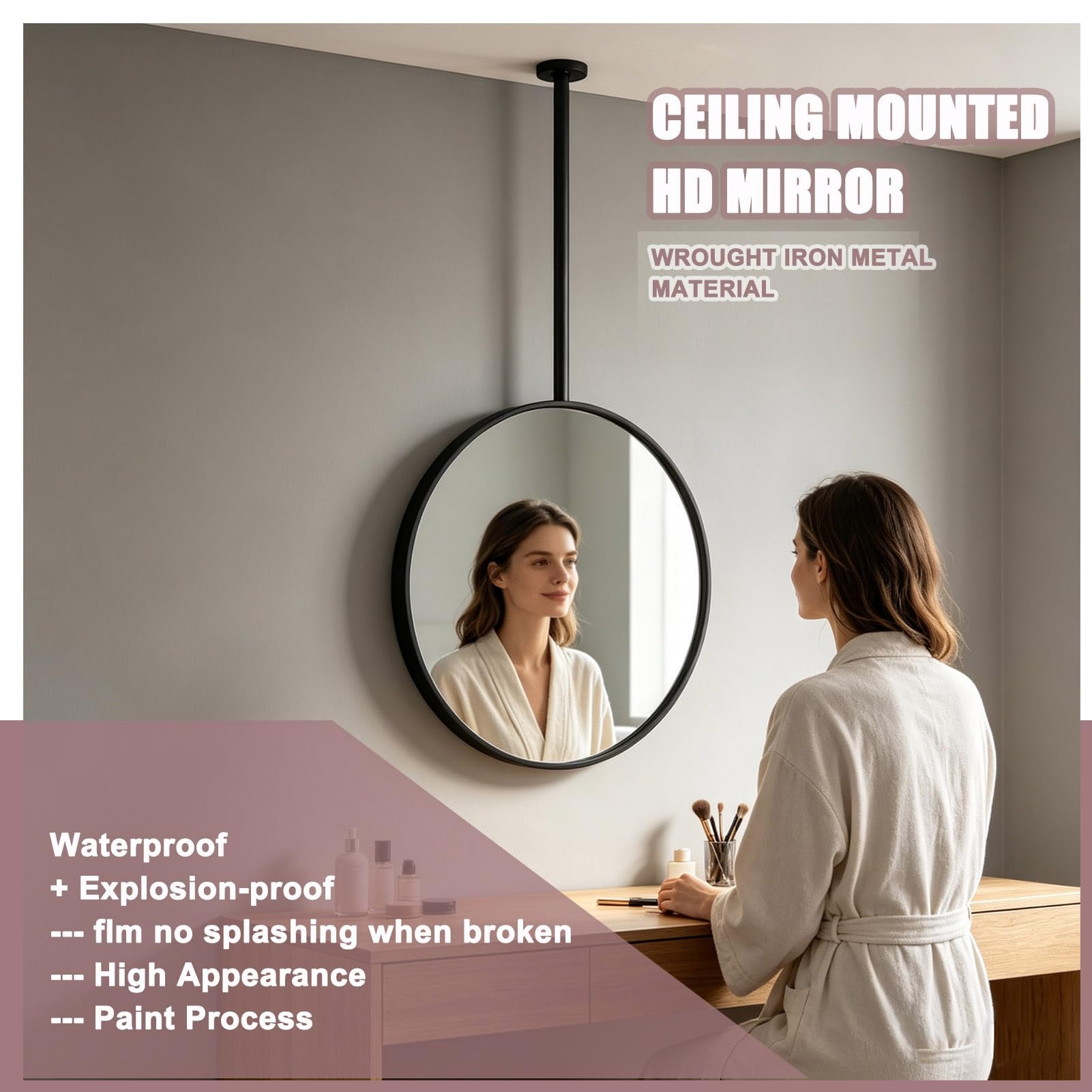 Specchi da bagno sospesi decorativi da parete, specchio per trucco cosmetico montato a soffitto, specchio sospeso con cornice in metallo circolare bianco, rotondo/nero(Nero,Diameter-50CM/19.7INCH)