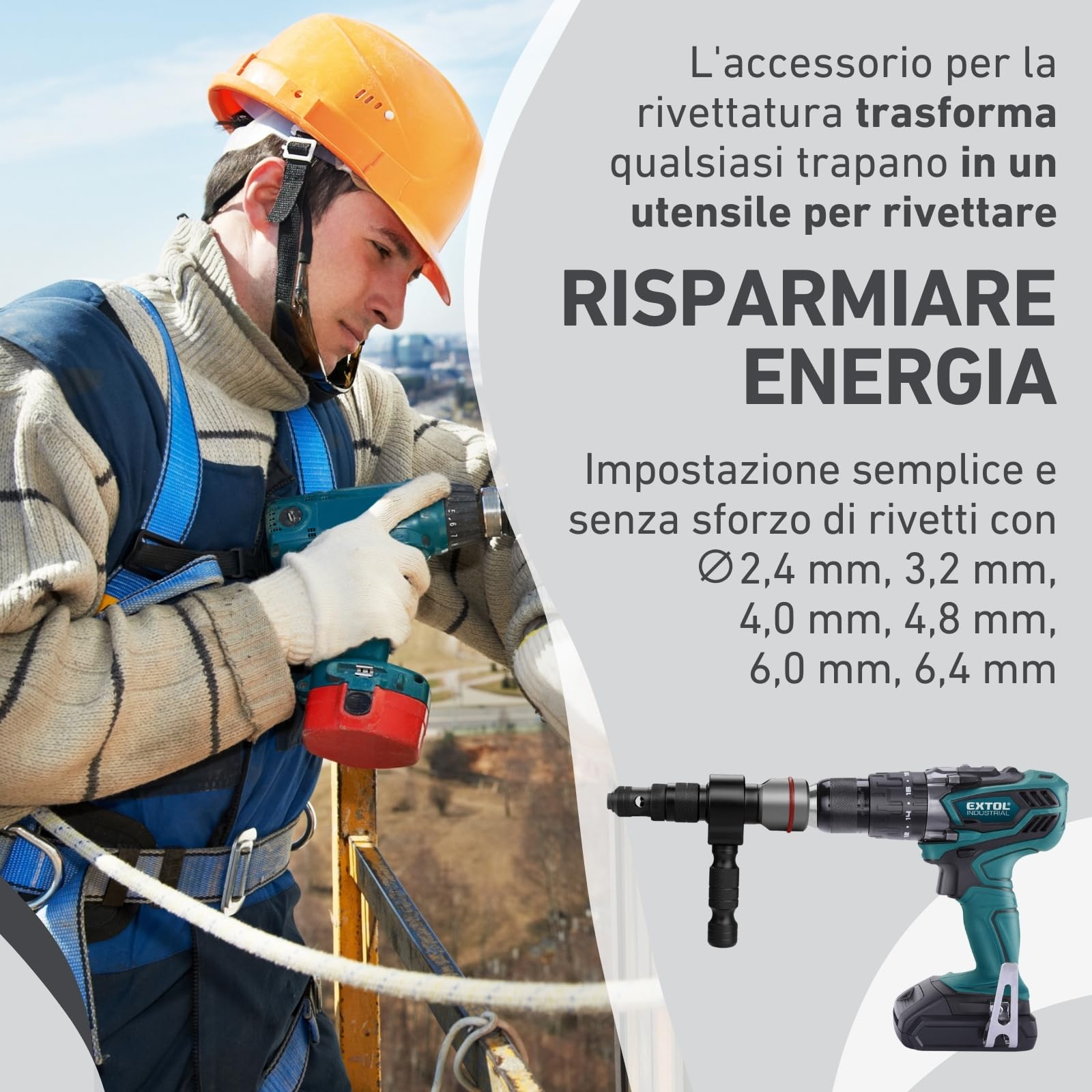 Rivettatrice per avvitatrice a batteria e trapano I Rivettatrice per ribattini ciechi in alluminio, rame, acciaio e acciaio inox I Rivettatrice rivetti ciechi 2,4-6,4 mm I Adattatore