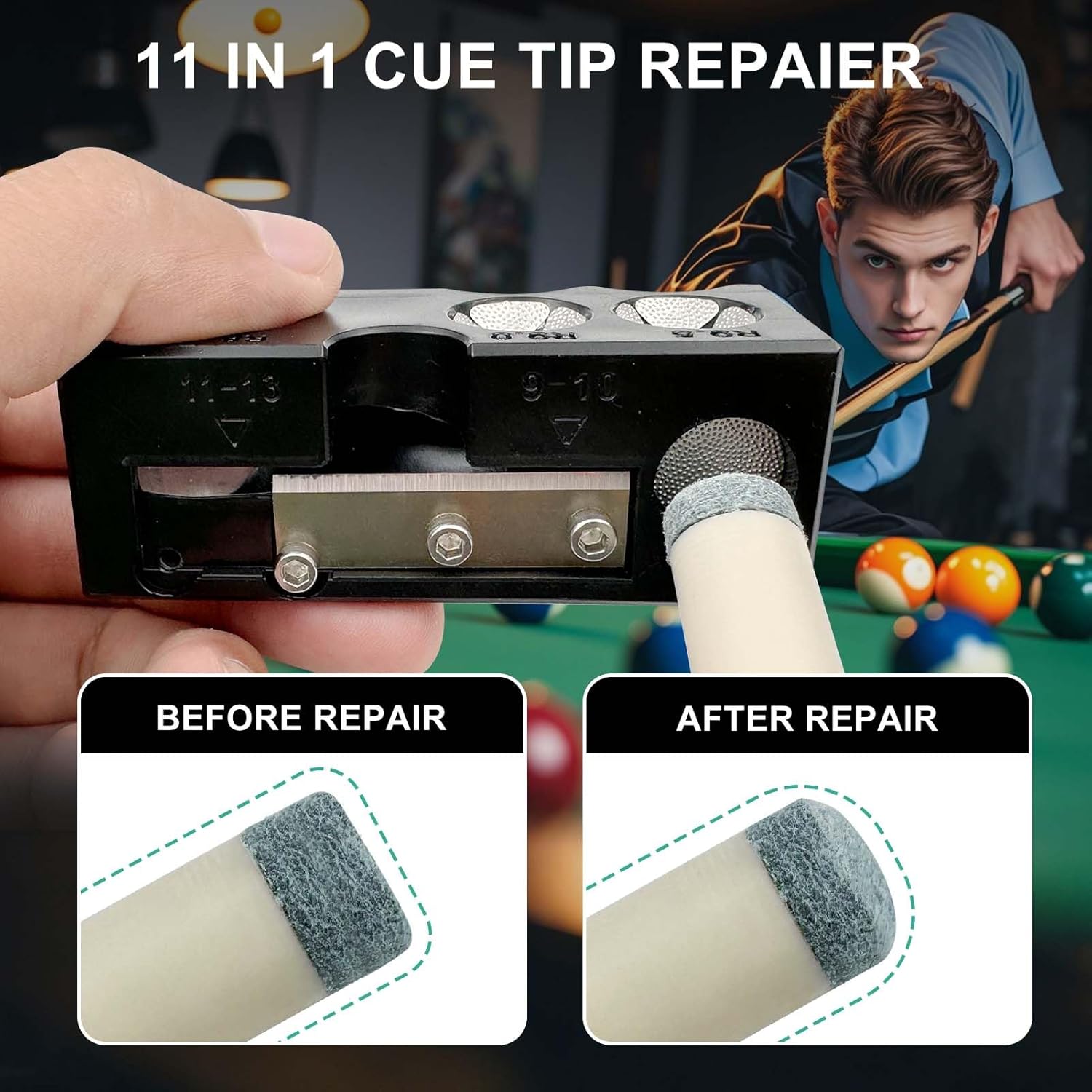 11-in-1 Pool Cue Tip Shaper, 25 pcs Pool Cue Tips Replacement Kit, Pool Cue Tip Tool, 10 Cue Tips 4 Ferrules 2 Chalk Cubes 2 Cue Tip Clamps Professional Cue Stick Tool Kit for Billiards Enthusiastsm