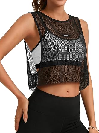 Hilinker Womens Sheer Mesh Crop Tank Tops Sleeveless Open Side Athletic Gym Shirts