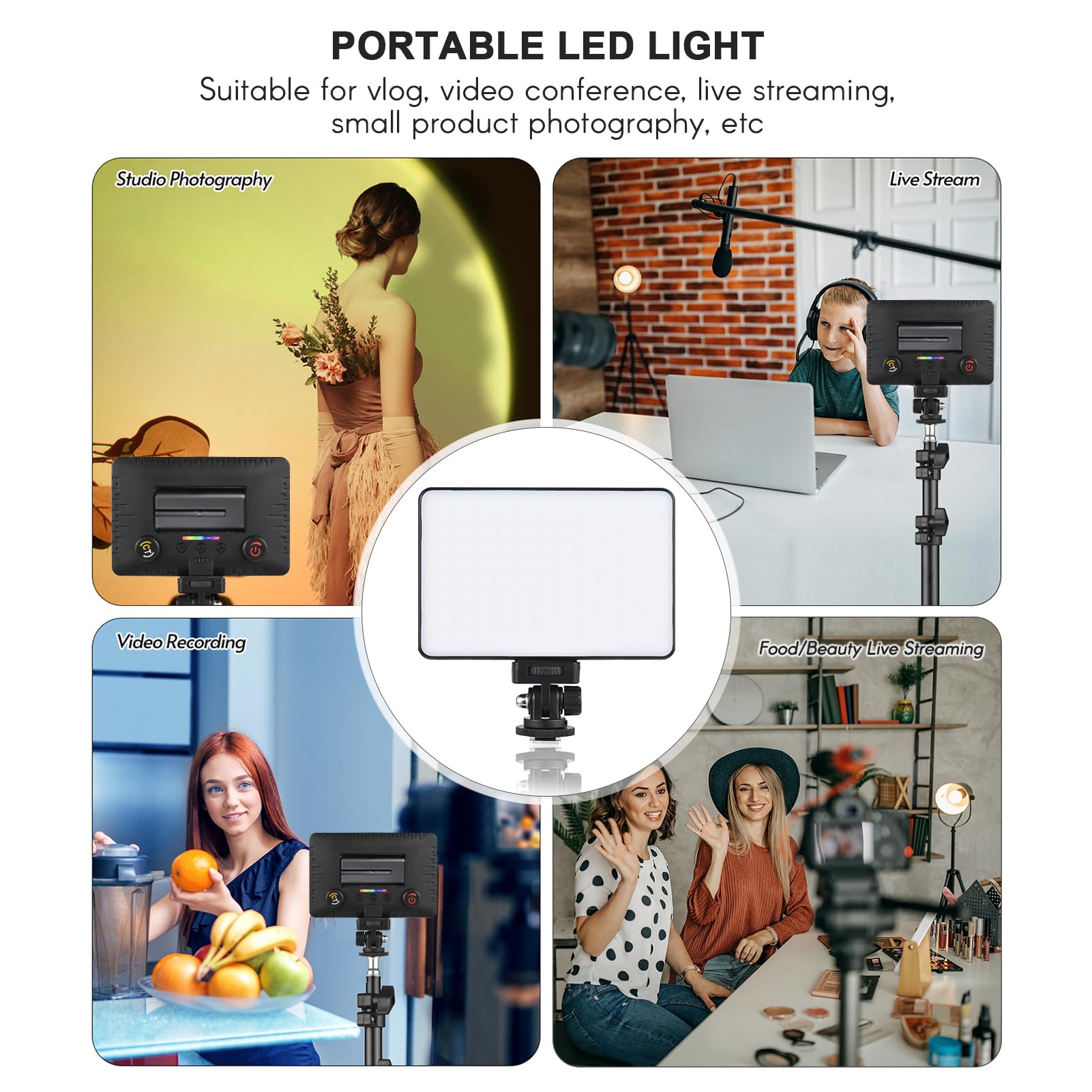Andoer Pannello di luce video a LED, dimmerabile, 196 LED, luce video per fotocamera, 2500 K – 9000 K, luce video in streaming con supporto per flash da 1/4", foro filettato da 1/4" della serie NP-F,