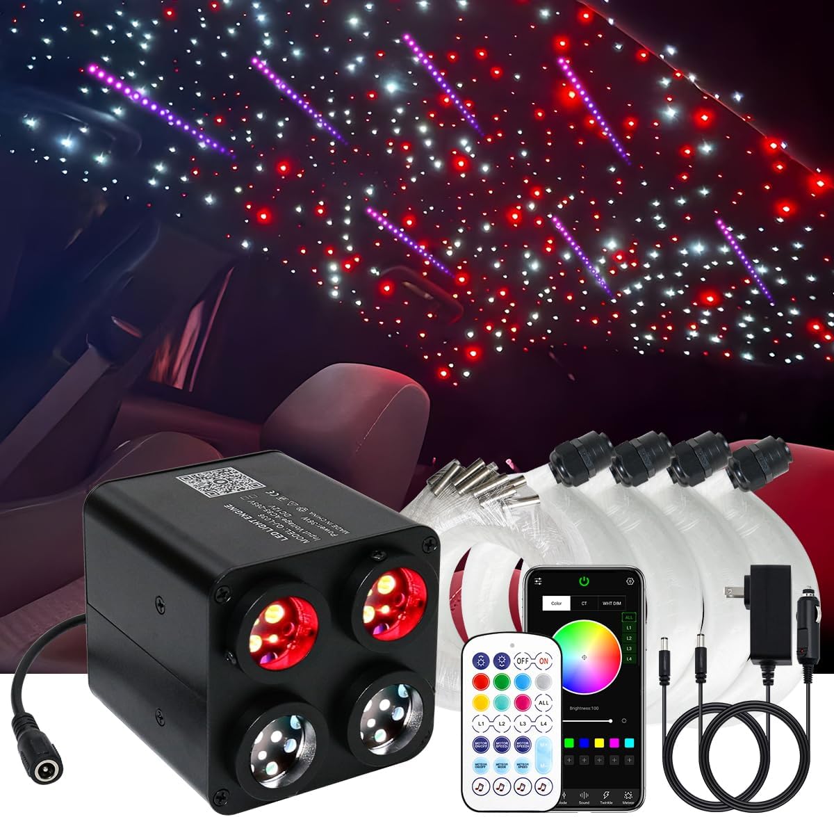 AKEPO 36W 4 Color Twinkle & RGB Colorful Shooting Star 2-in-1 Fiber Optic Lights, 1800pcs+240pcs Optical fibers in 0.03in 13.1ft Music Sync Starlight Headliner Kit with APP and Remote Control