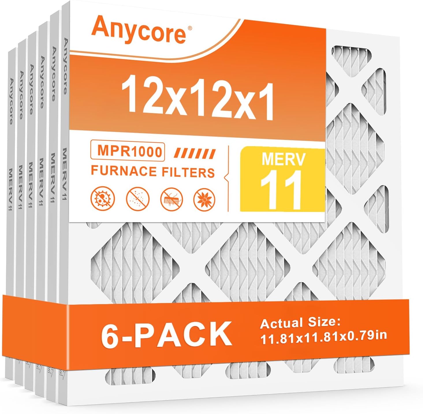 12x12x1 AC Air Filter 6-Pack MERV 11 HVAC AC Furnace Pleated Filters for Home Office MPR 1000 FPR 7 (Actual Size: 11.81x11.81x0.79 inch)