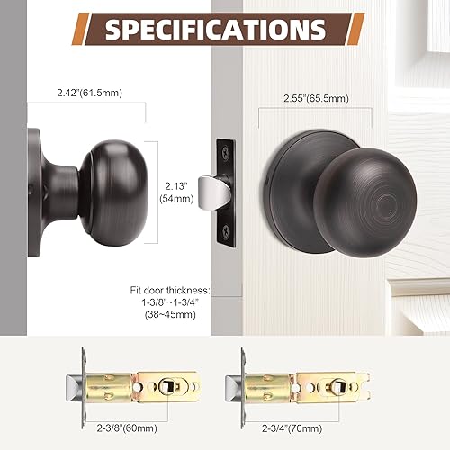 Miniatura 7 de GOBEKOR Paquete de 4 perillas para puerta de paso, pomos redondos de bronce aceitado para puerta interior con cerradura, perillas de puerta de