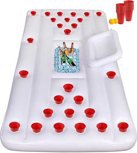 Wodesid Mesa flotante de pong de cerveza de 6 pies, 28 portavasos, inflable para juegos de cerveza, juegos de piscina, flotador para fiesta de